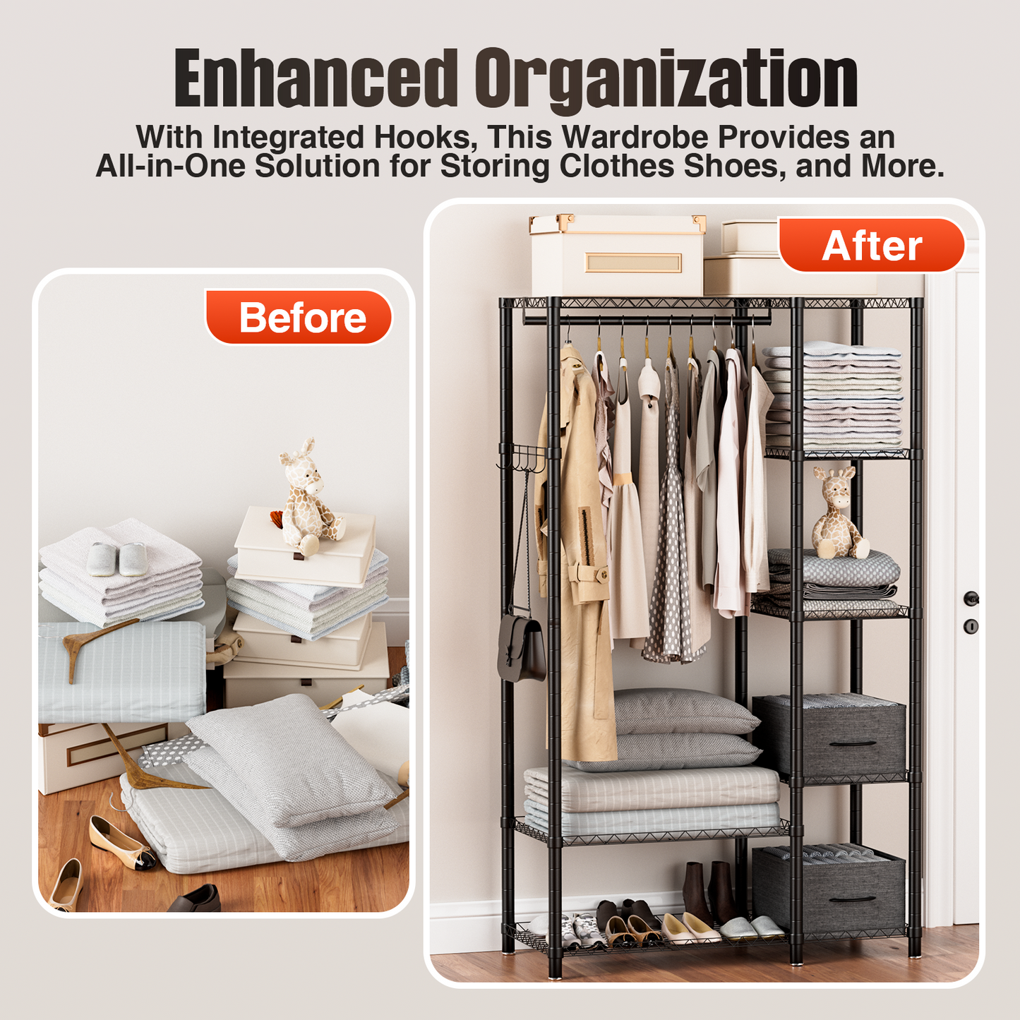 Freestanding Wire Garment Rack, Max Load 510LBS, 6 Tiers Adjustable Heavy Duty Clothes Rack with 2 Fabric Drawers, Portable Clothing Storage Rack for Hanging Clothes, Black