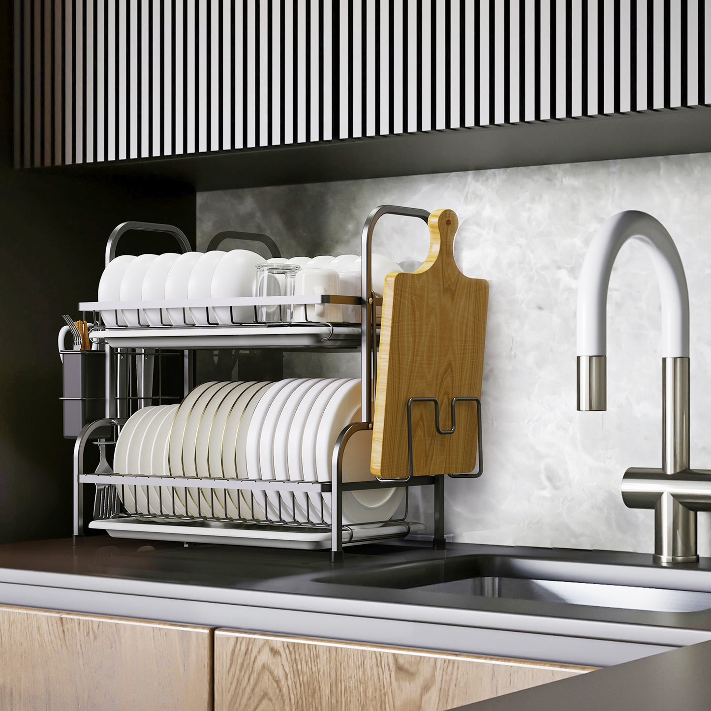 Dish Drying Rack, Kitchen Organization Storage Shelf Dish Drainer Rust-poof Dish Racks for Organizer Home Kitchen Counter with Drainboard, Utensil Holder, Cutting Board Holder