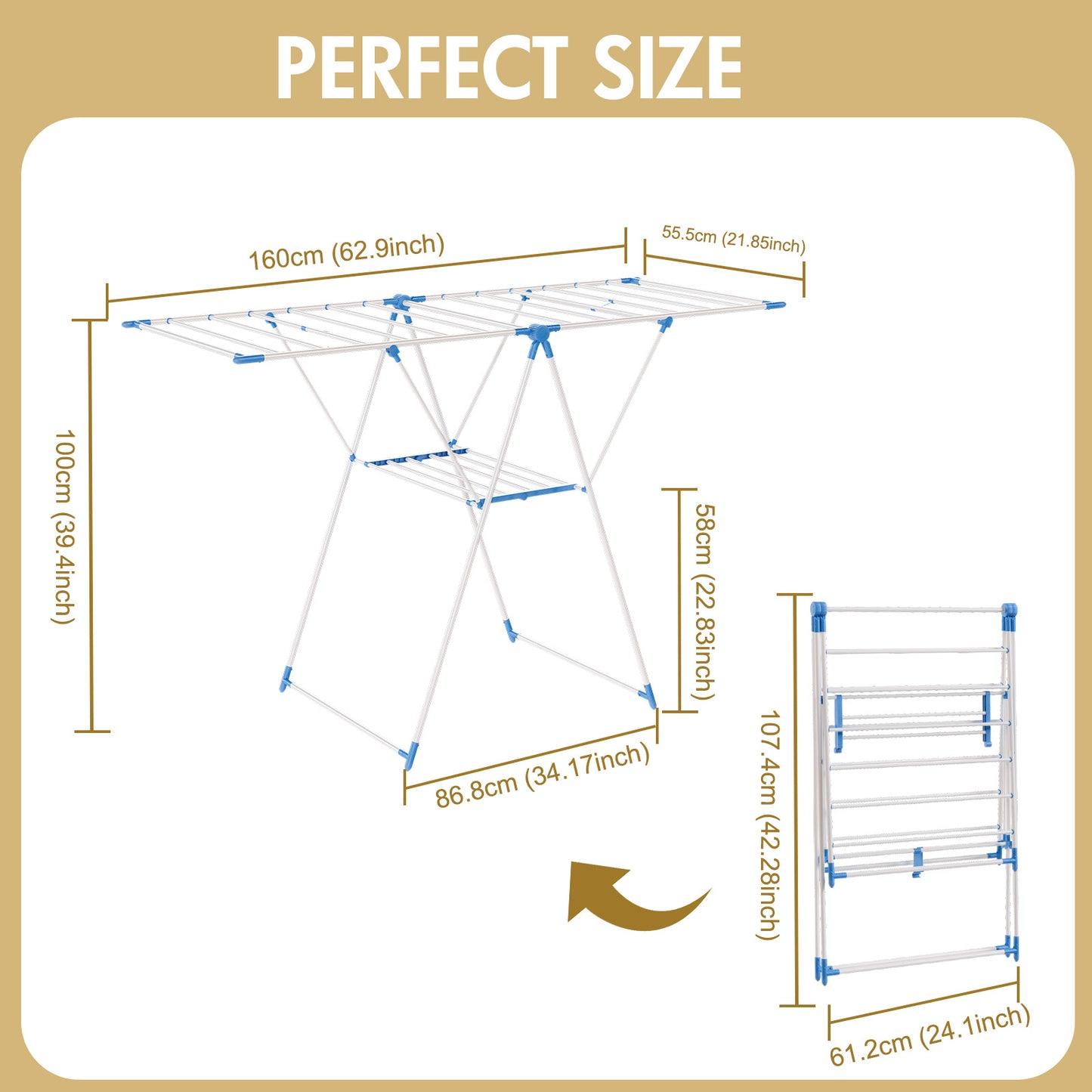 Portable 2-Layer Wing-Style Foldable Clothes Rack with Adjustable Height Wings, Suitable for Indoor/Outdoor Use, Blue