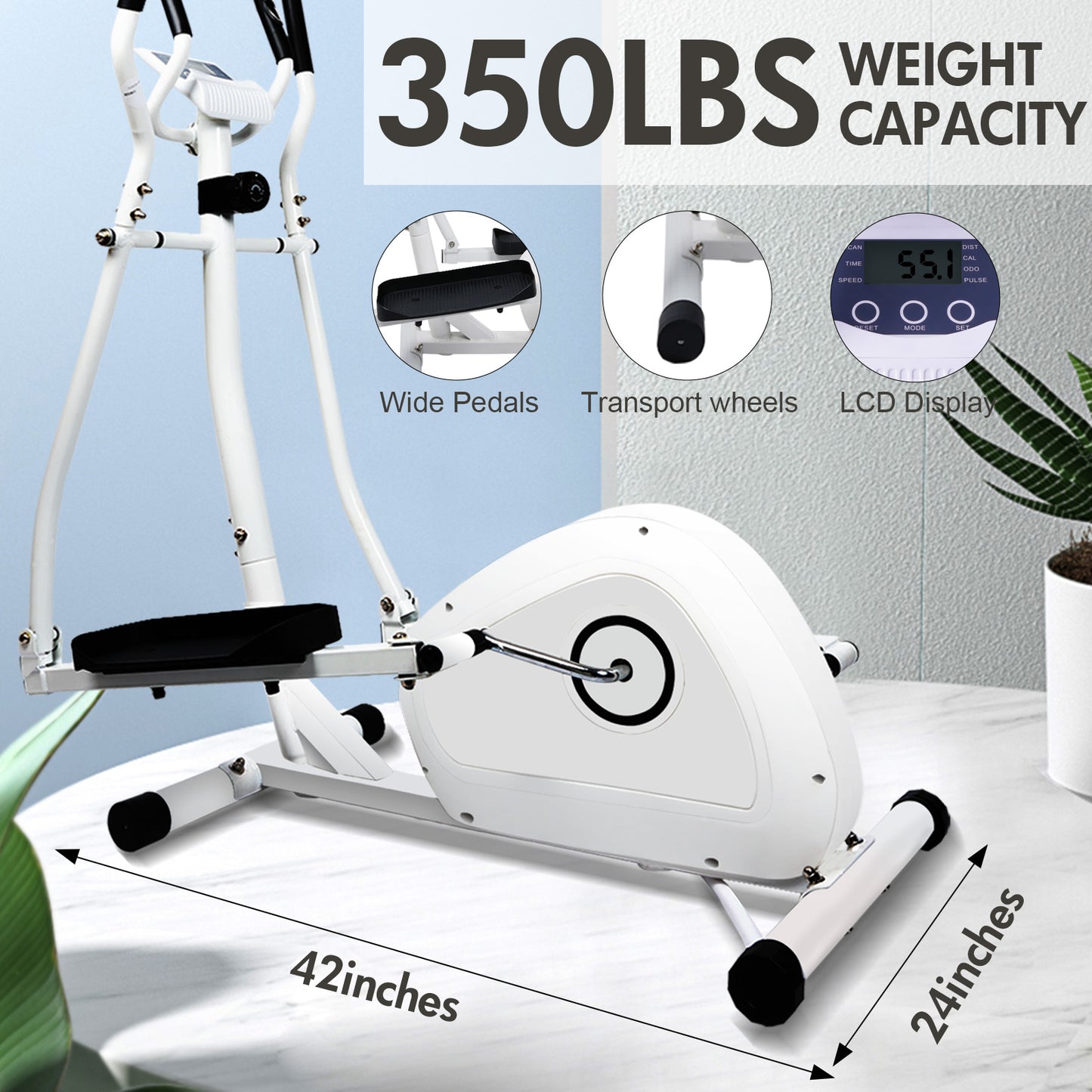 Magnetic Elliptical Machine, Cross Trainer with 8 Resistance Levels, Elliptical Trainer with Pulse Rate Grips, Multi-Function LCD Monitor, White