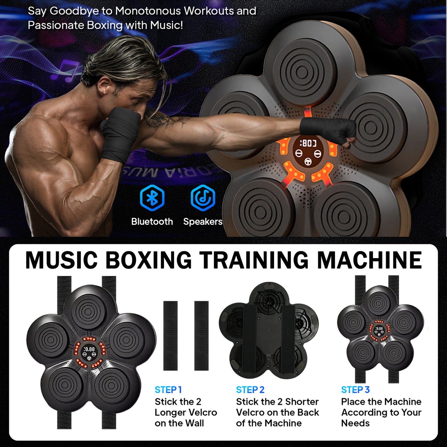 Music Boxing Machine, Wall-Mounted Music Boxing Trainer, Punching Exercise Equipment with 9-Speed Modes for Kids and Adults, Velcro Mount Type, Black