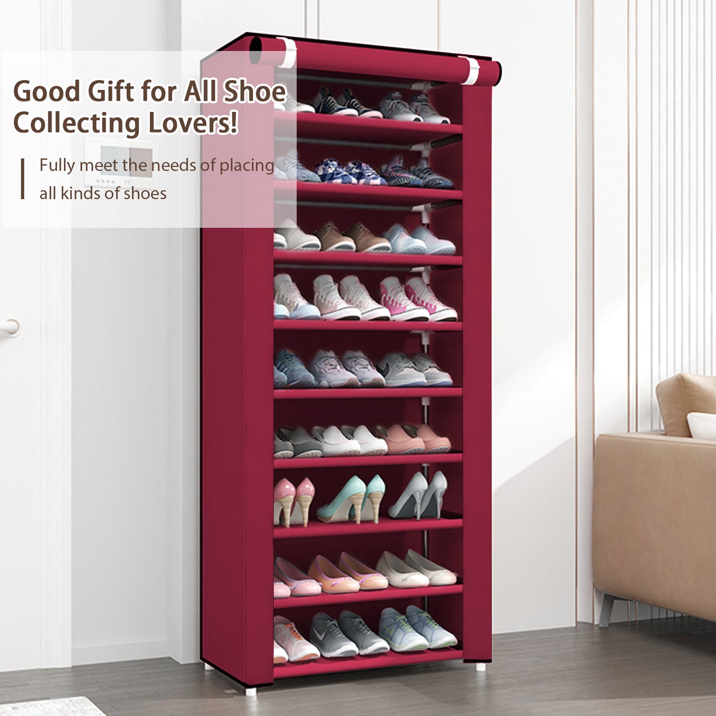Portable Shoe Rack, 10-Tier 27 Paris Shoe Storage Cabinet with Cover, Non-Woven Fabric Shoe Storage Organizer, 9 Lattices Shoe Cabinet Tower Shelf Closet Wine Red