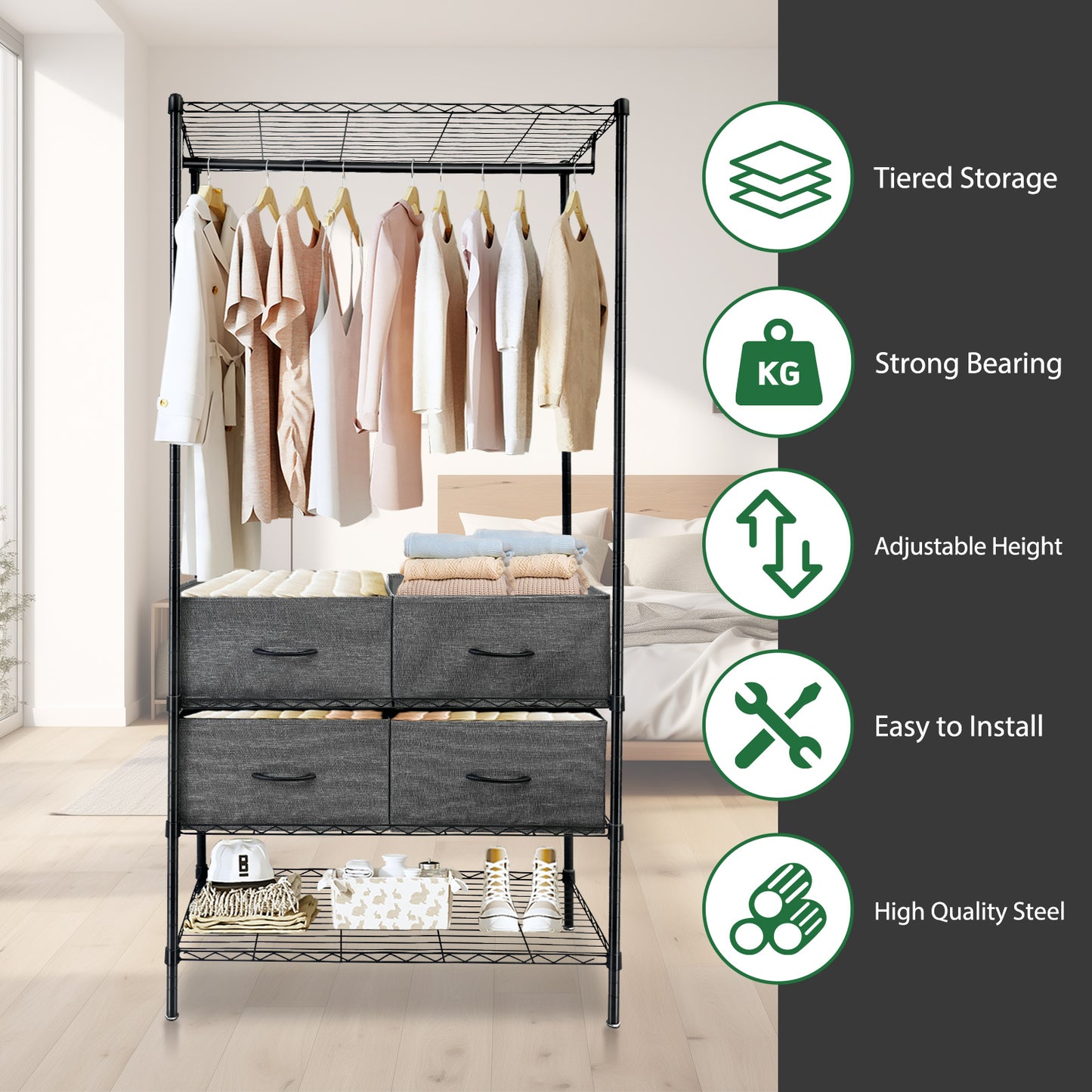 71"H Heavy Duty Clothes Rack, Max Load 445 LBS, Freestanding 3-Tier Wire Garment Rack for Hanging Clothes with Shelves, Closet Organizers and Storage Metal Closet Wardrobe System, Black