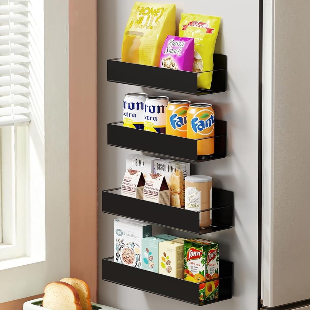Magnetic Spice Rack for Refrigerator, 4 Pack Moveable Fridge Magnetic Spice Racks, Strong Metal Magnetic Shelves for Refrigerator