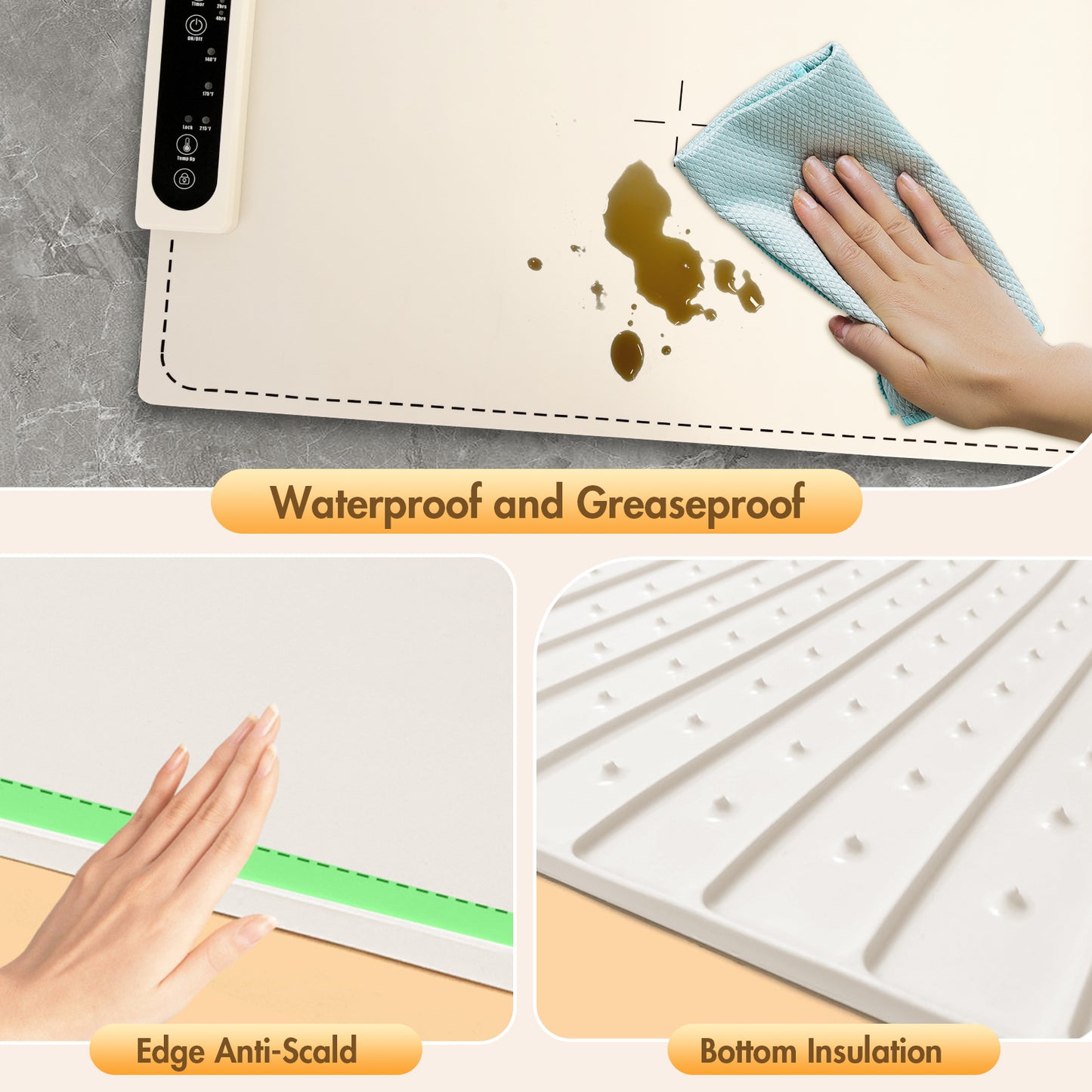 Food Warming Mat with 3-Level Digital Temperature Control, Watorproof and Foldable Electric Warming Tray, Silicone Heating Mat for Buffets Parties Gatherings and Daily Use, White