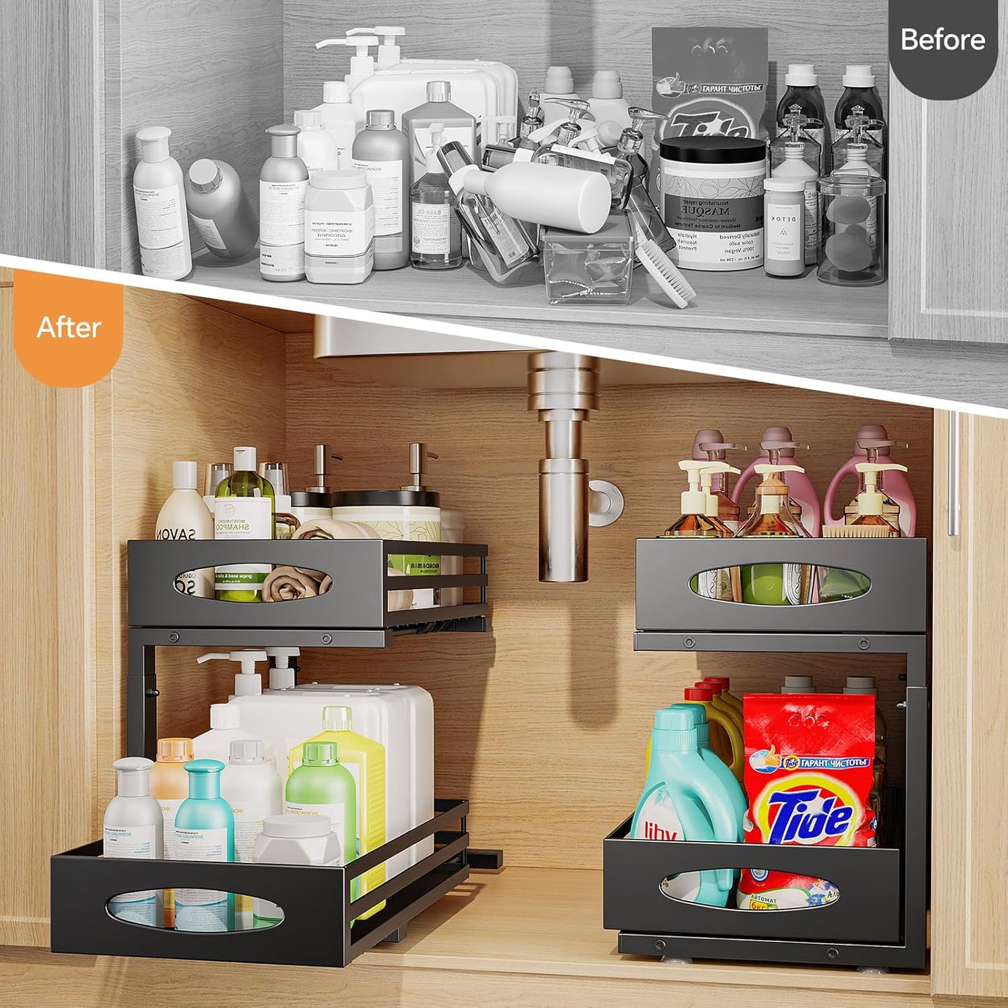 2 PACK Under Sink Organizer, Pull Out Kitchen Cabinet Organizer, 2 Tier Slide Out Steel Under Sink Storage Shelf for Kitchen Pantry Bathroom, Black