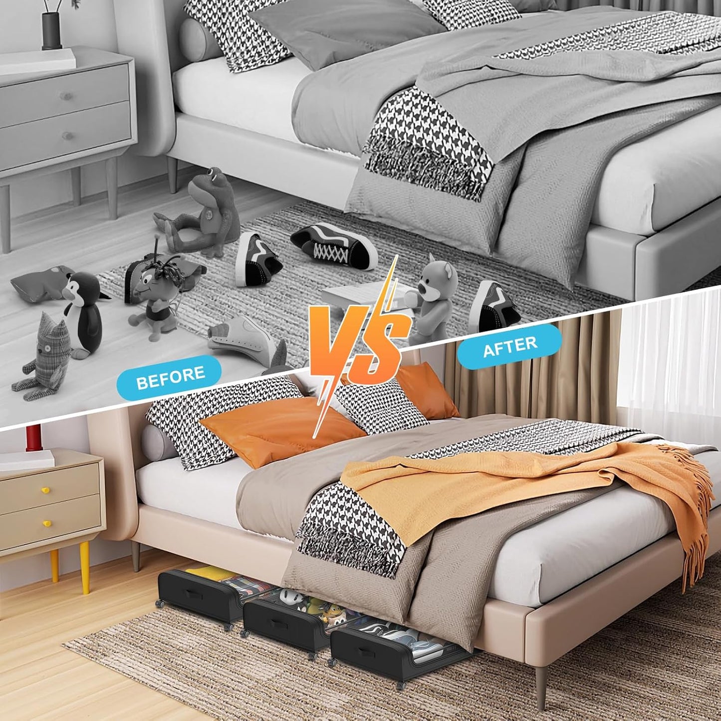 Under Bed Storage with Wheels and Lid, Under Bed Rolling Storage with Large Capacity, Under the Bed Storage for Bedroom Under Bed Storage Containers for Clothes Shoe Blanket Toy Book,2Pack,Black