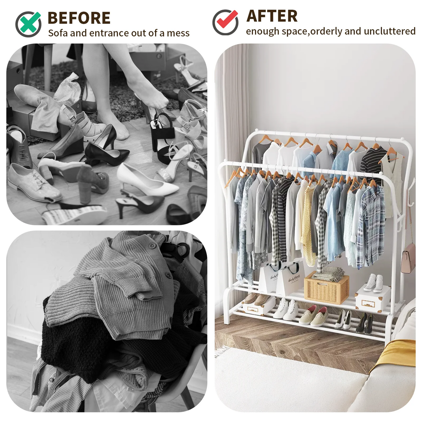 BAOKALER Space Saving Clothes Rack Freestanding Clothing Storage with 6 Hooks, White