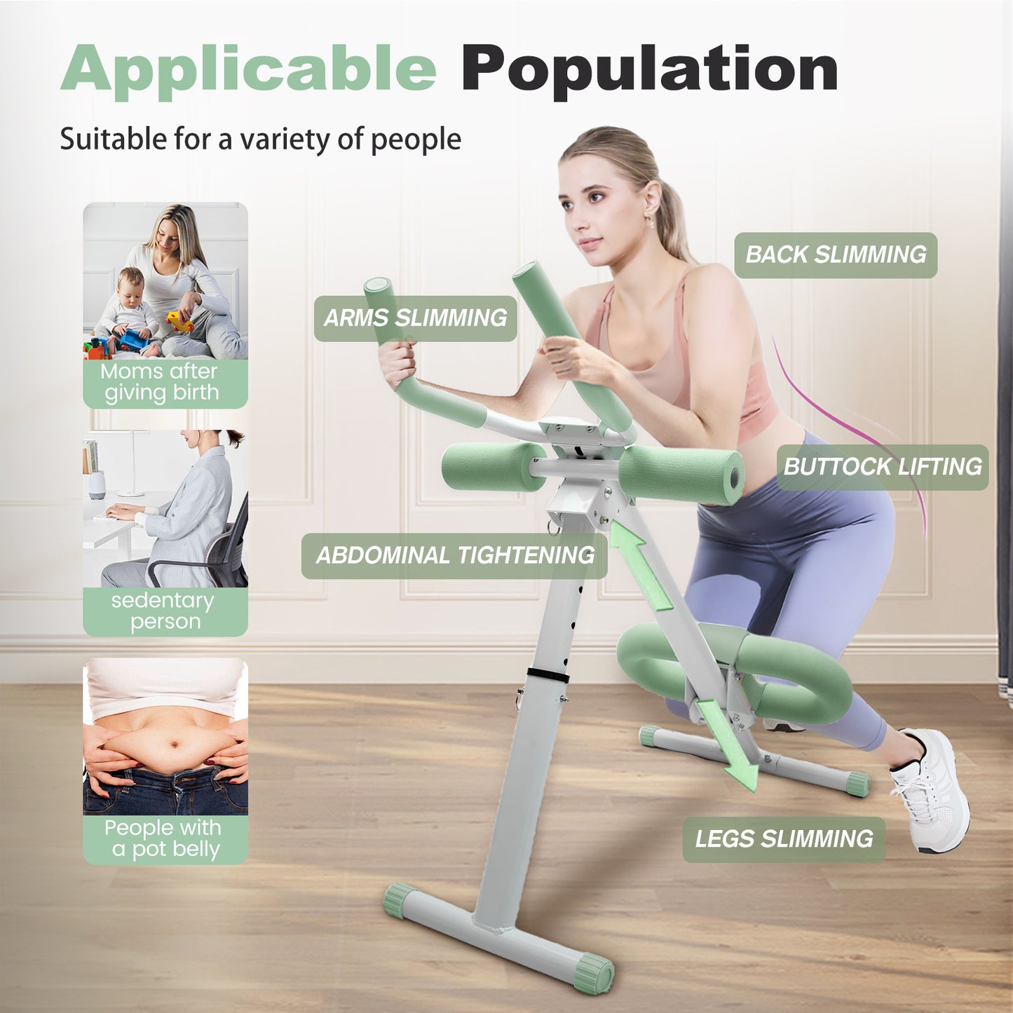 Adjustable Ab Machine, Abdominal Trainers for Full Body Workout, Foldable Abdominal Exercise with Knee Protection, Green