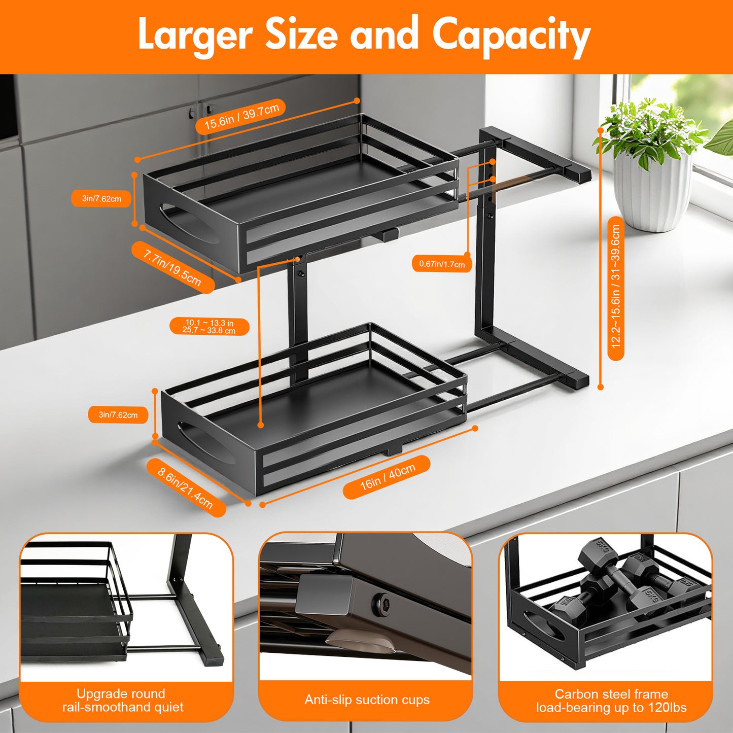 CATGOOD Under Sink Organizer, Multifunctional Pull-Out Under Sink Storage, 2-Tier Under Kitchen Sink Organizer, Waterproof Metal Storage Rack with Sliding Drawer for Kitchen and Bathroom, Black