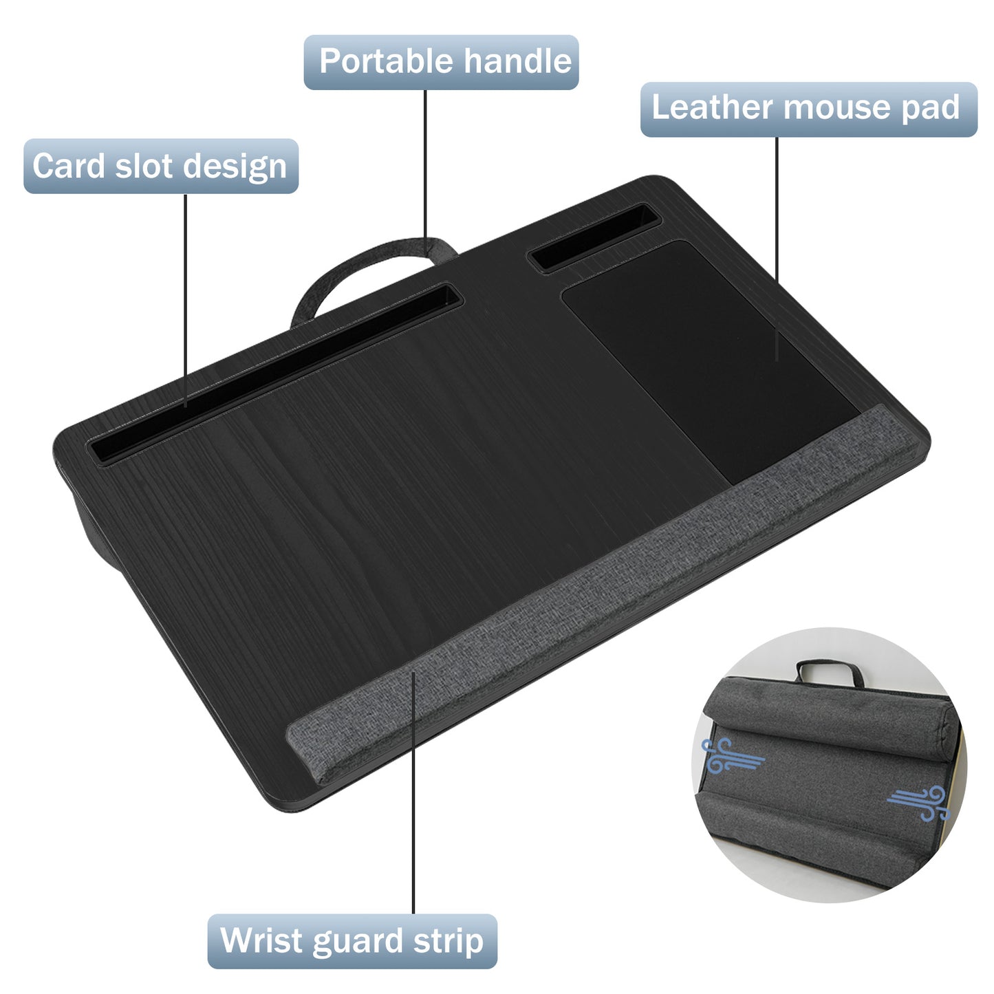 Portable Lap Desk for Laptop, Wood Lapdesk Bed Table with Handle, Black