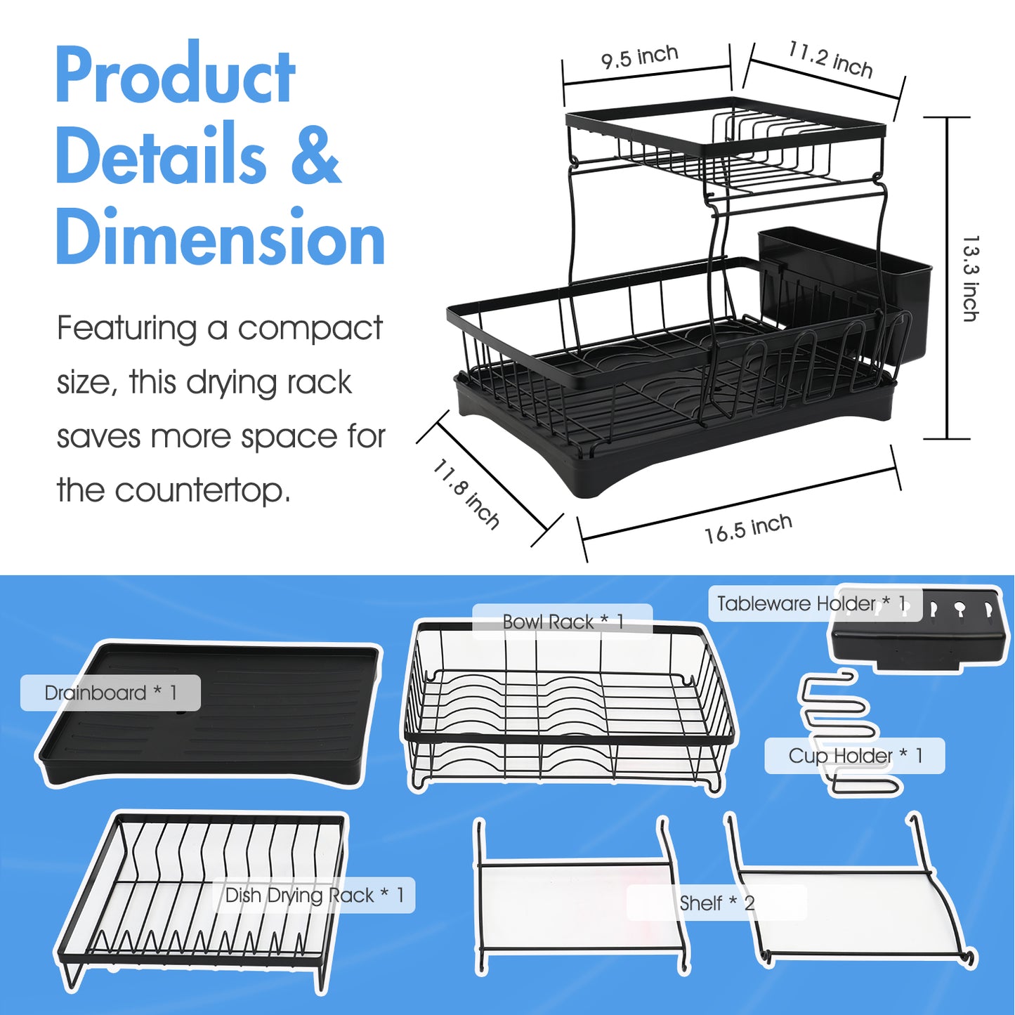Dish Drying Rack for Kitchen Counter, Detachable Large Capacity Dish Drainer Organizer with Utensil Holder, 2-Tier Dish Drying Rack with Drain Board, Black