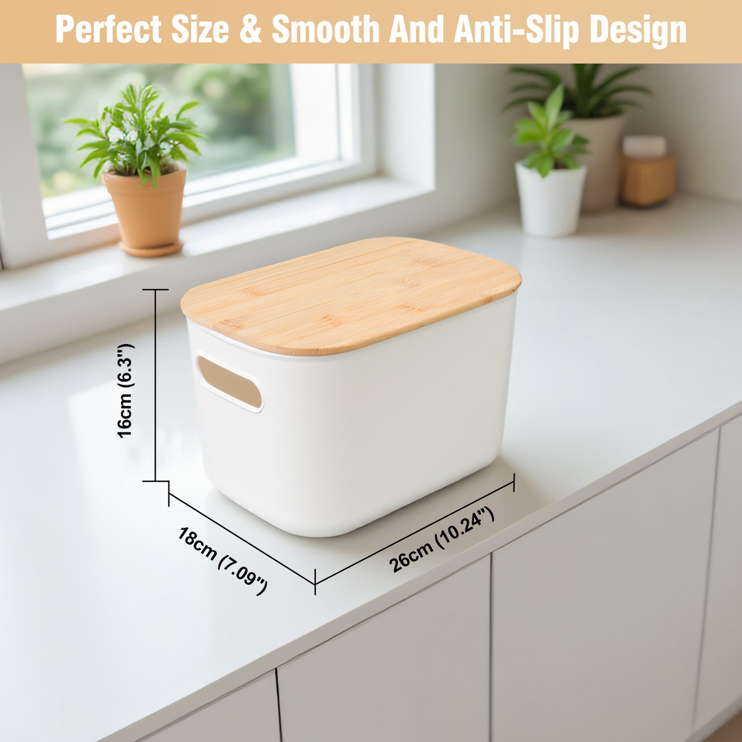 CATGOOD 2PCS Premium Minimalist Storage Boxes with Bamboo Lids, Plastic Storage Baskets, White Stackable Storage Bins with Lids for Kitchen, Cabinet, Bathroom, 10.24"x7.09"x6.3"