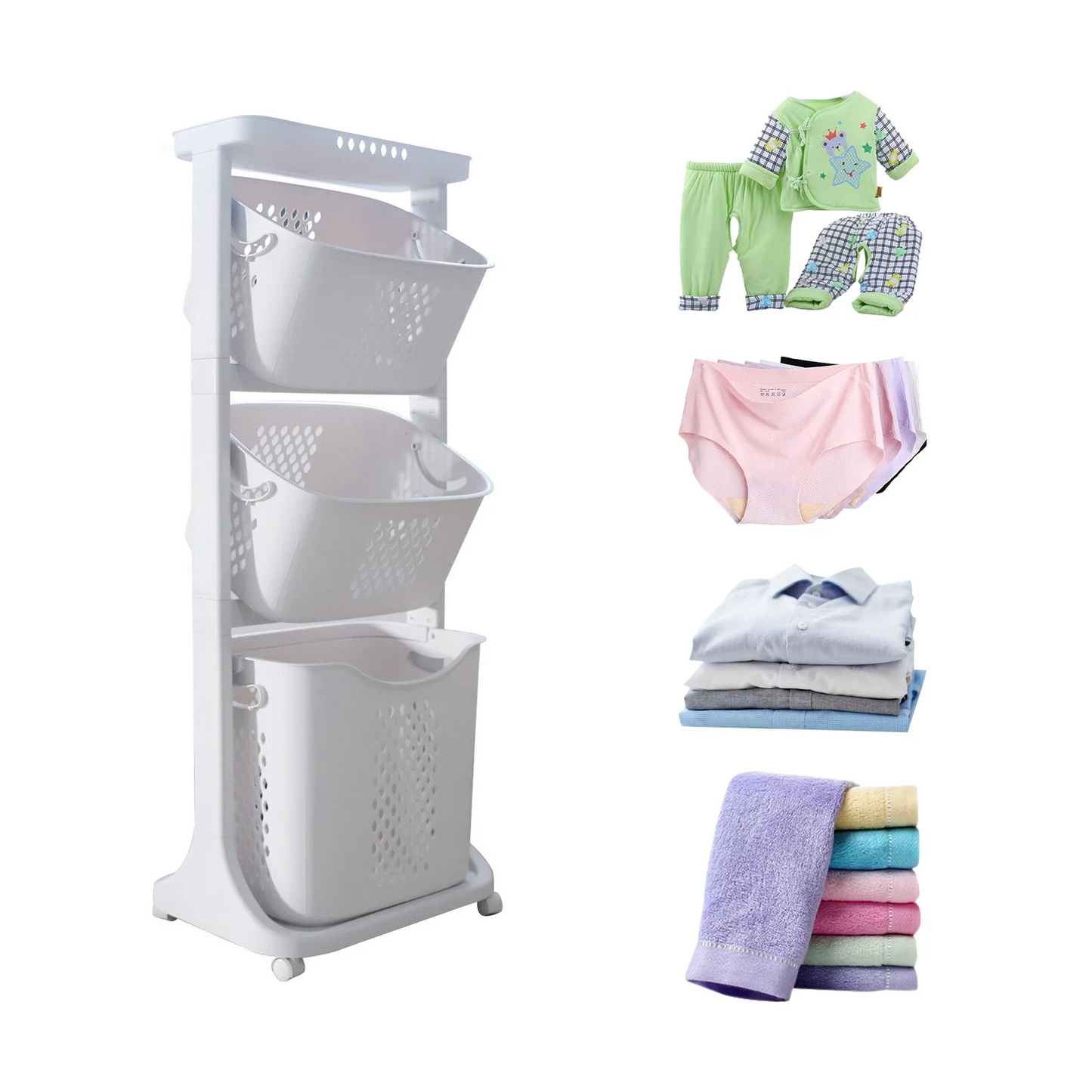 3 Tiers Hamper with Wheels, Rolling Cart Rolling Laundry Clothing Organization Bathroom Storage Shelves, 17"13"43"