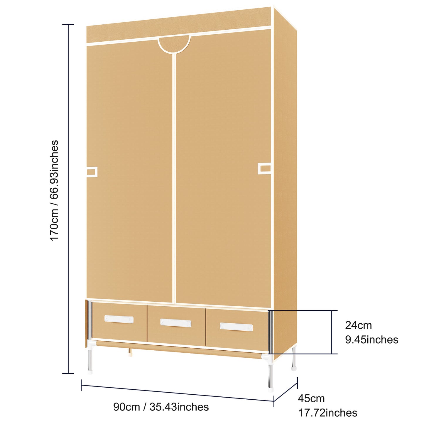 Non-Woven Fabric Closet Organizer for Coats and Bags, Portable Wardrobe Closet Includes 3 Storage Drawers for Home Bedroom, Sturdy & Easy to Assemble, Light Coffee