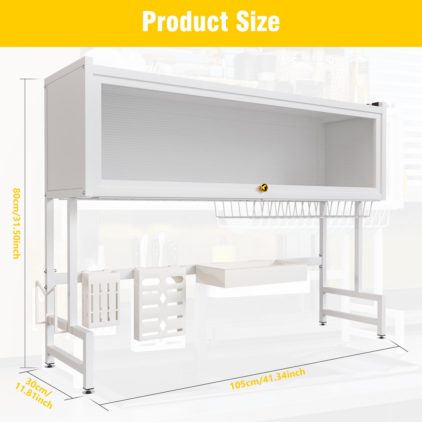 Over the Sink Dish Rack with Cabinet, Multifunctional Dish Drying Rack Above Sink with Visible Cupboard Door for Drying Dishes, Glasses, Bowls, and Utensils, White, Length-41.34"