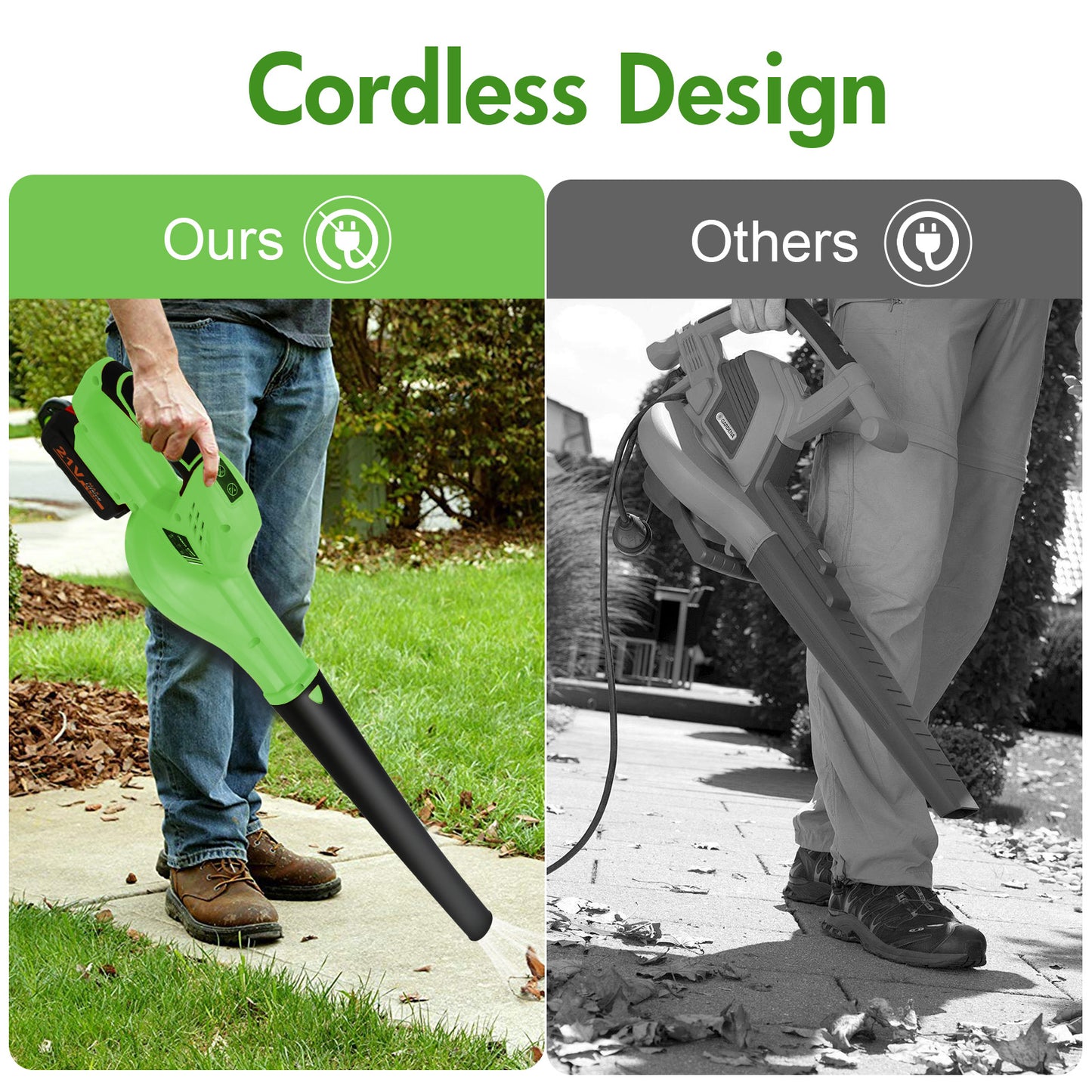 Cordless Leaf Blower, 21V Leaf Blower with 1 Battery, 6-Speed Leaf Blowers for Lawn Care, Patio, Blowing Leaves, Green