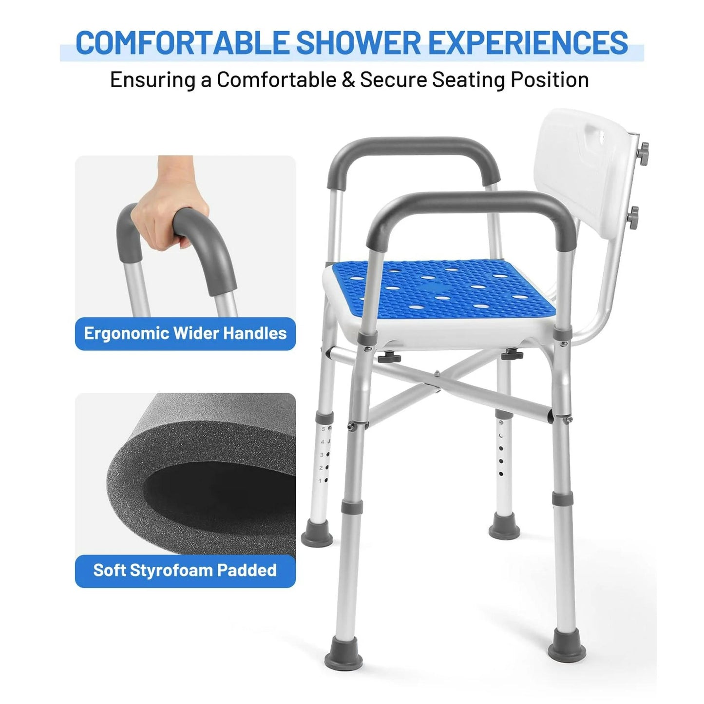 Baokaler Shower Chair 600lbs with Padded Arms and Back, Height Adjustable Shower Stool for Bathtub