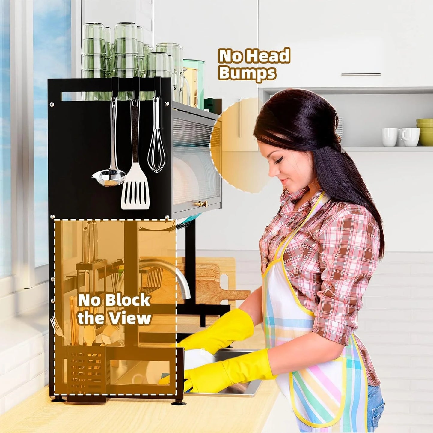 Over The Sink Dish Drying Rack, Adjustable 2 Tier Stainless Steel Large Dish Racks for Kitchen Storage Counter Organizer with Cabinet Doors with Utensil Holder, Black