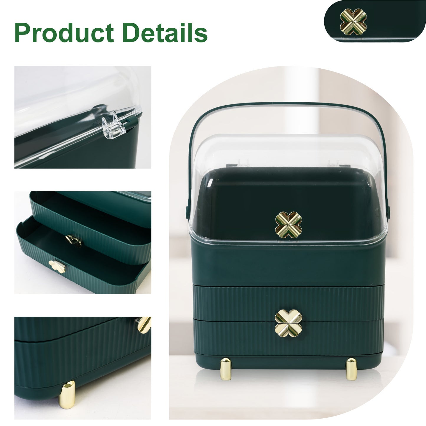 CATGOOD Makeup Organizer Cosmetics Storage with Fully Open Lid, Green, Countertop Cosmetics Display Case, Dresser, Ideal Gift for Women (Dark Green), 10.23*7.08*14.17in