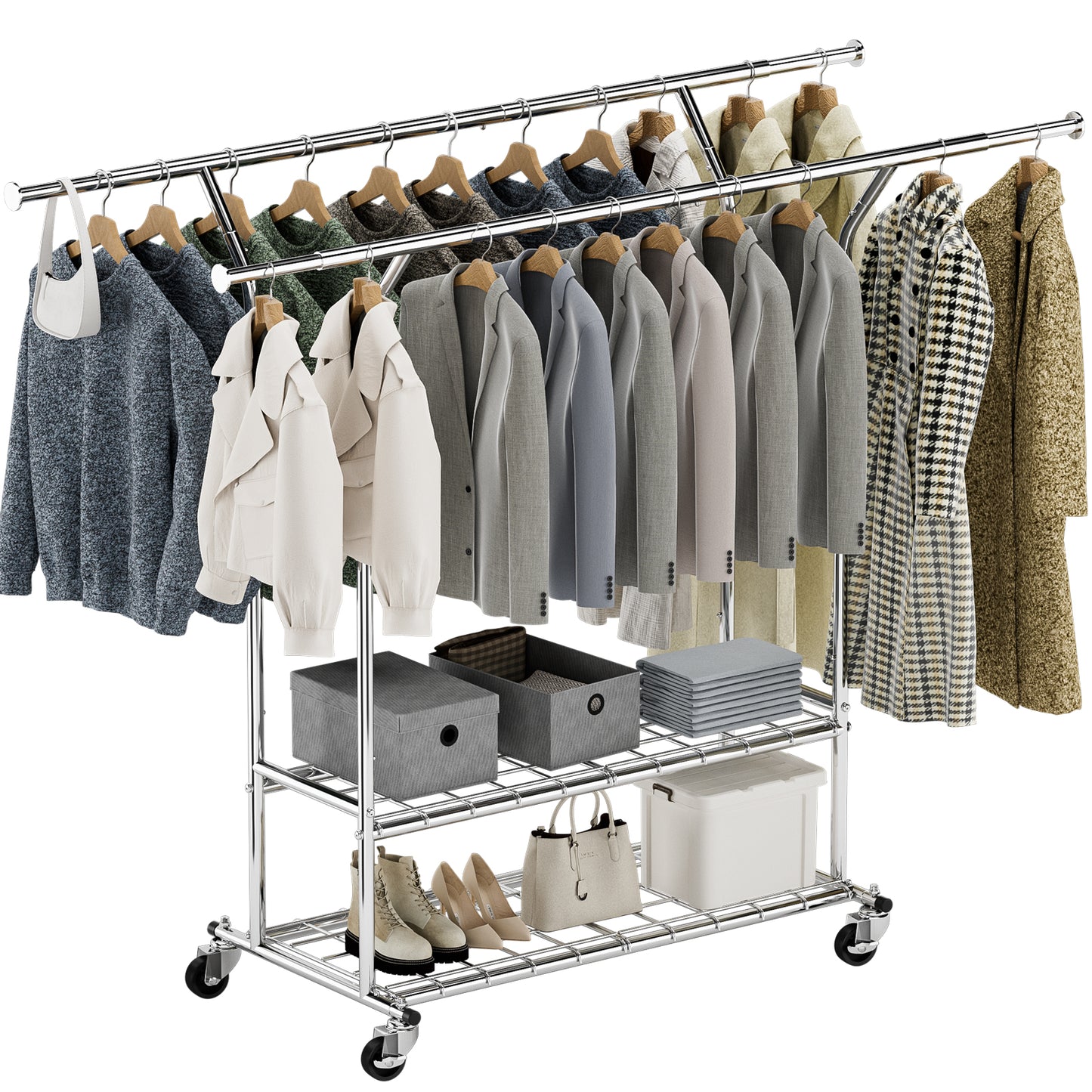 Clothing Rack for Hanging Clothes MAX Loads 620 LBS, Rolling Heavy Duty Clothes Rack With Shelves, Double Rod Clothing Racks Freestanding, Portable Adjustable Garment Rack with Wheels