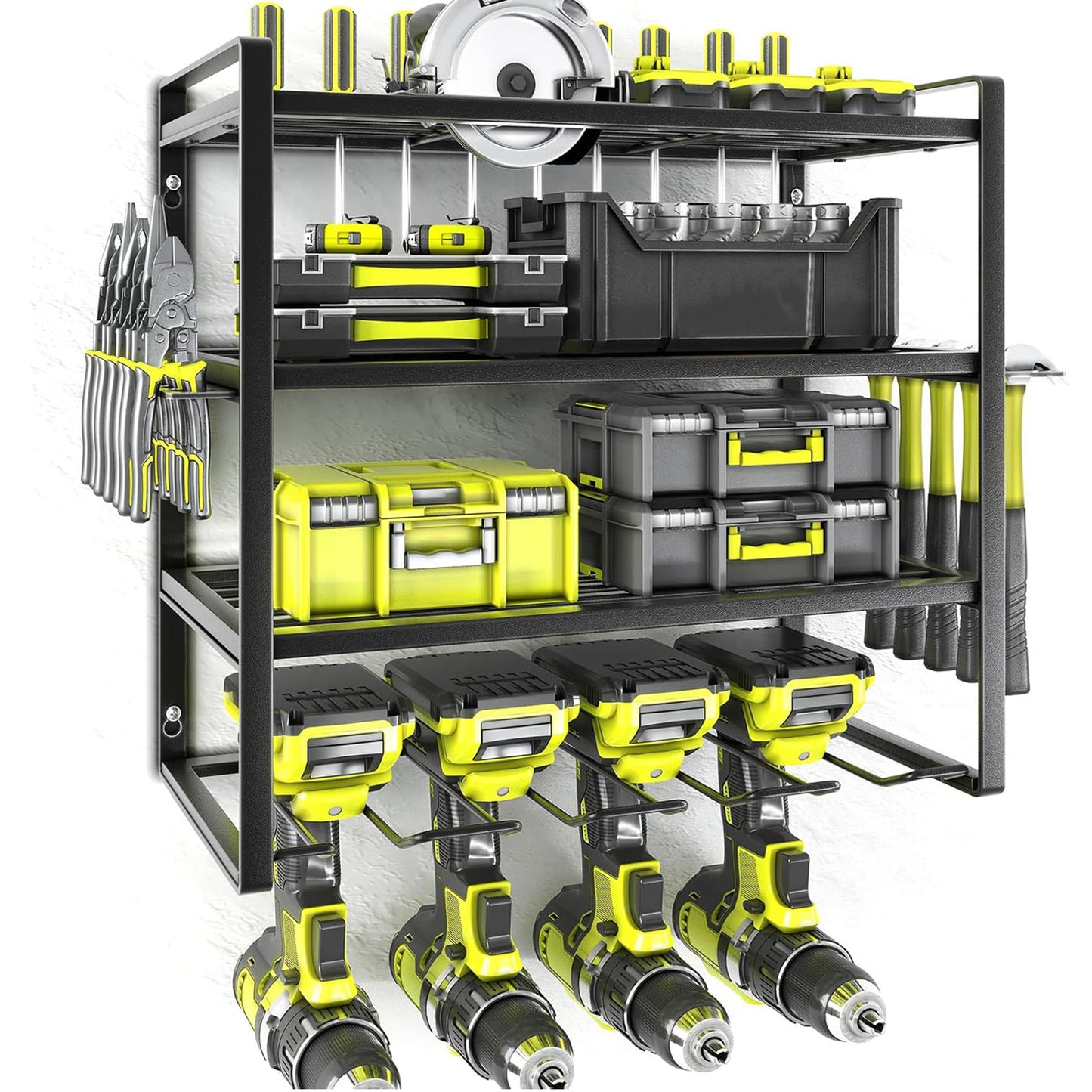 ALSO GO 4 Layers Power Tool Organizer, Heavy Duty Metal Tool Storage Rack, Drill Holder Wall Mount, Battery Tools Holder Shelf, Utility Tool Shelves for Workshop or Garage, Black
