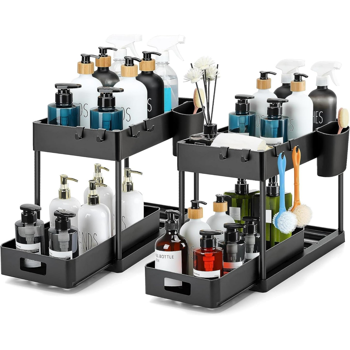 Under Sink Organizers and Storage, 2 Tier Bathroom Under Sink Organizer with Hooks, Hanging Cups, Multi-purpose Storage Drawers, Bathroom Organizers Under Kitchen Sink