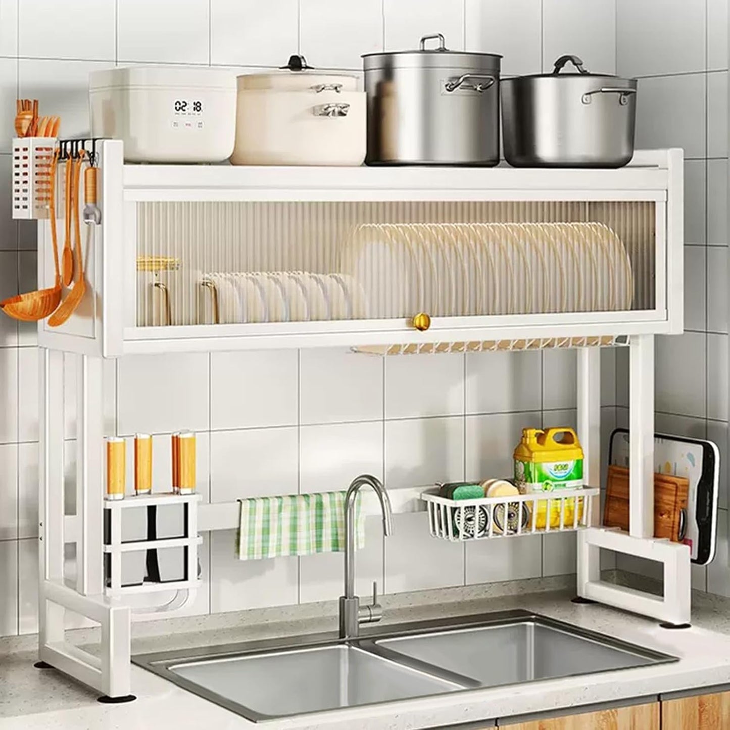 Over The Sink Dish Drying Rack, 2 Tier Metal Steel Dish Drying Racks for Kitchen Counter with Hooks Paper Towel Utensil Cup Holder Sink Caddy (White-29.34"L)