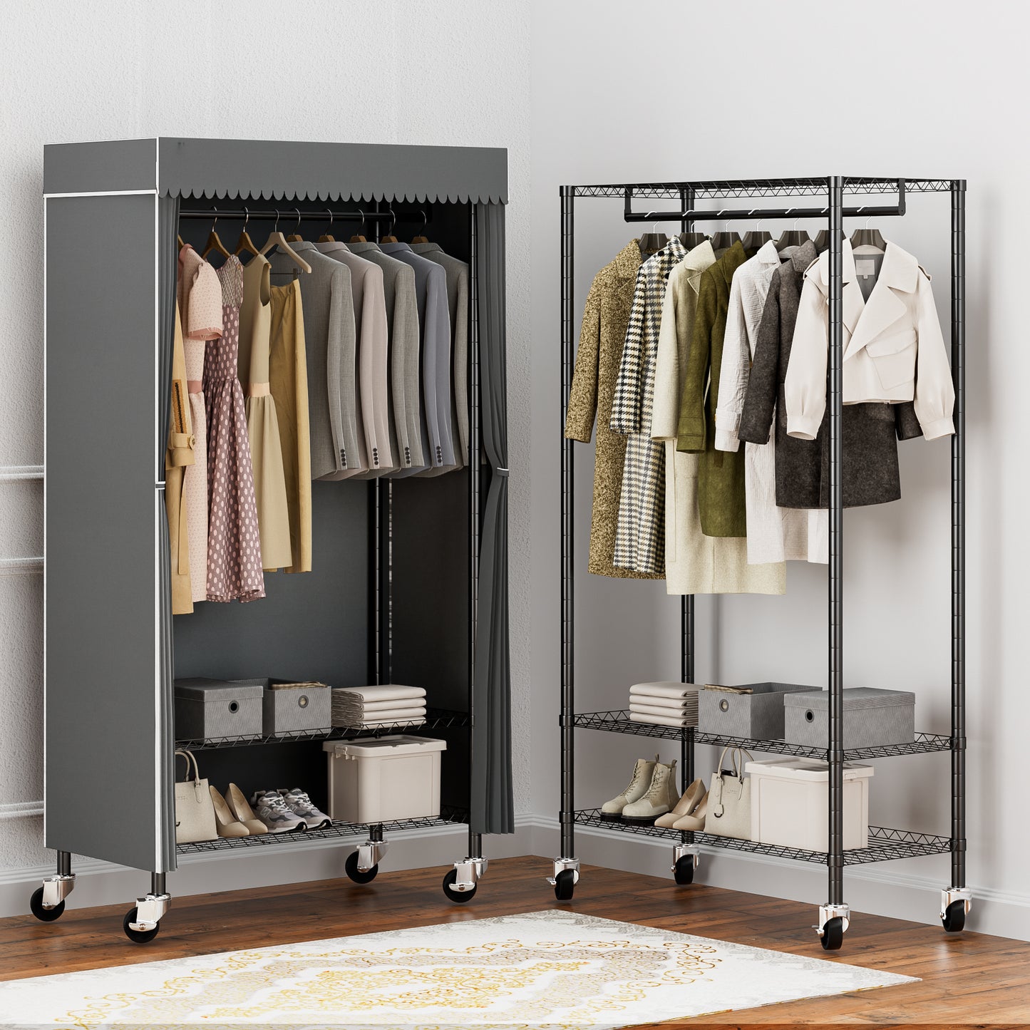 Heavy Duty Wardrobe Rack with Gray Dust Cover, Rolling Clothes Rack for Hanging Clothes, Freestanding Garment Rack with 2-Tier Storage Shelf Wheels Hanging Rod Cover, 35.4"x17"x72.4", Black
