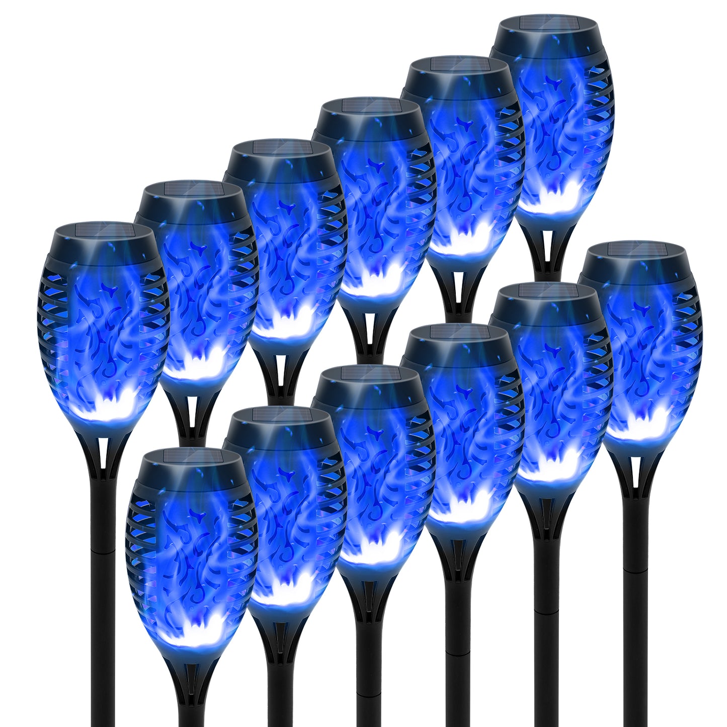 Solar Torch Flame Lights, 12 Pack Blue Solar Torch Light W/Flickering Flame, 12 LED Solar Tiki Torches for Outside Waterproof Landscape Outdoor Lights Garden Yard Patio Lawn Xmas Decorations