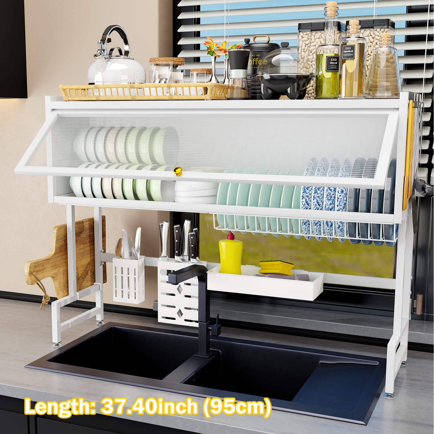 Over Sink Dish Drainers and Dish Racks with a Cover, Dust-Proof Dish Racks for Kitchen Counter, White, Length-37.4"