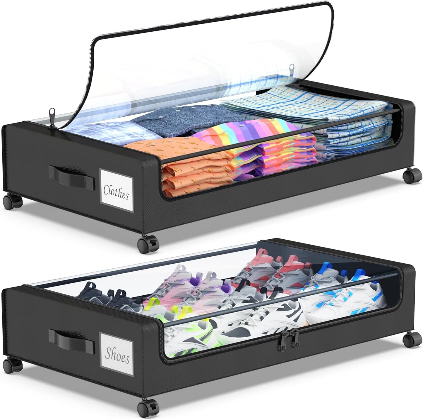Under Bed Storage with Wheels, Under Bed Storage Containers, Under the Bed Storage Organizer with Clear Lids - Rolling Drawers & Bins for Clothes,Shoes,Toys, 2-Pack (Black)