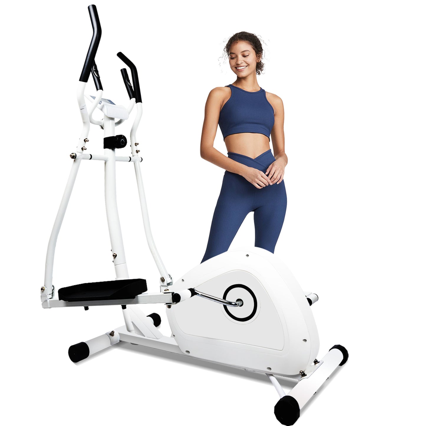 Magnetic Elliptical Machine, Cross Trainer with 8 Resistance Levels, Elliptical Trainer with Pulse Rate Grips, Multi-Function LCD Monitor, White