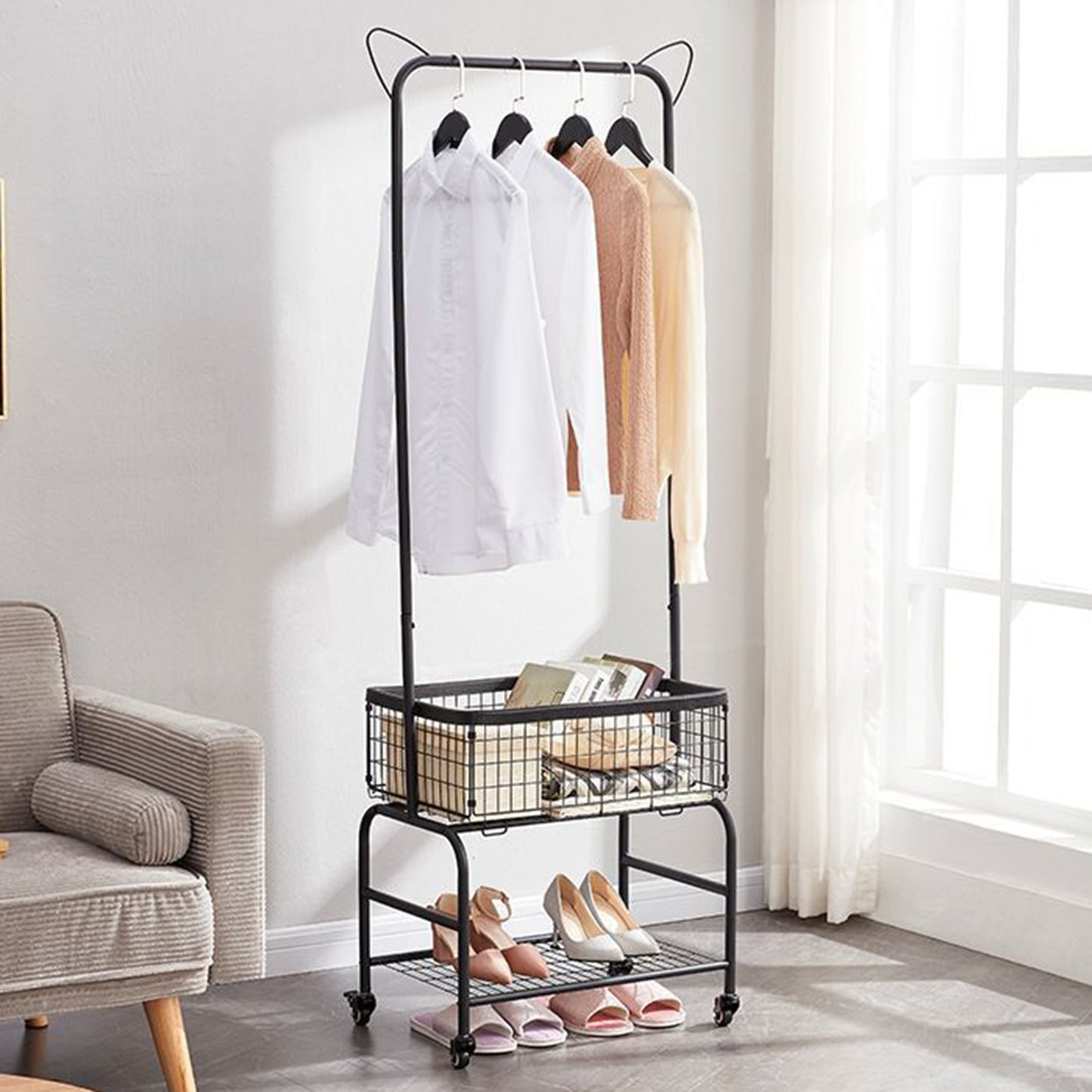 ALSO GO Rolling Laundry Cart with Clothes Rack, Multifunctional Rolling Laundry Hamper with Basket, Hamper Cart with Lockable Wheels, Black