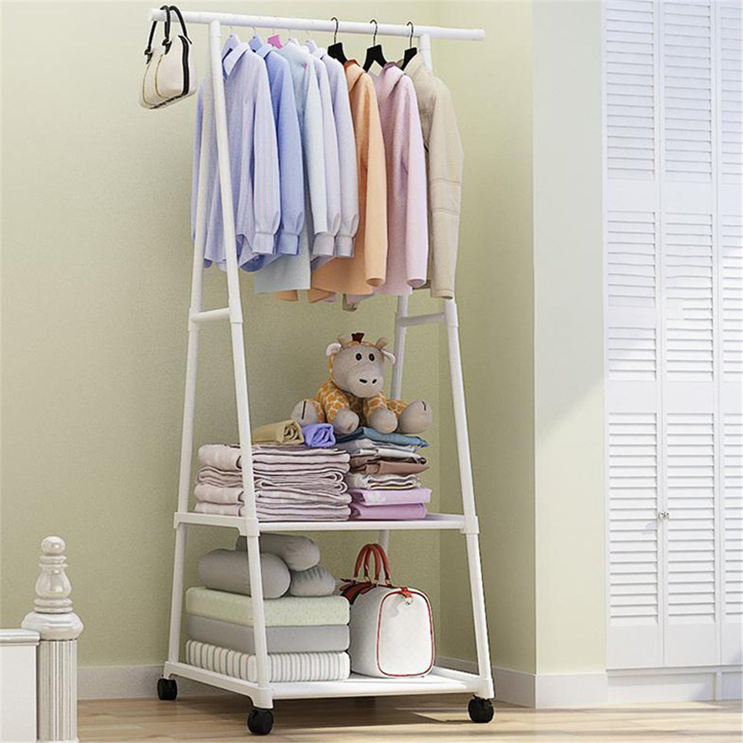 Clothes rack on Wheels, Triangle Coat rack, rolling Garment rack, 2 Tier rolling Clothes rack, Coat Hanging rack, Portable Garment Laundry rack for Home Office Dorm White