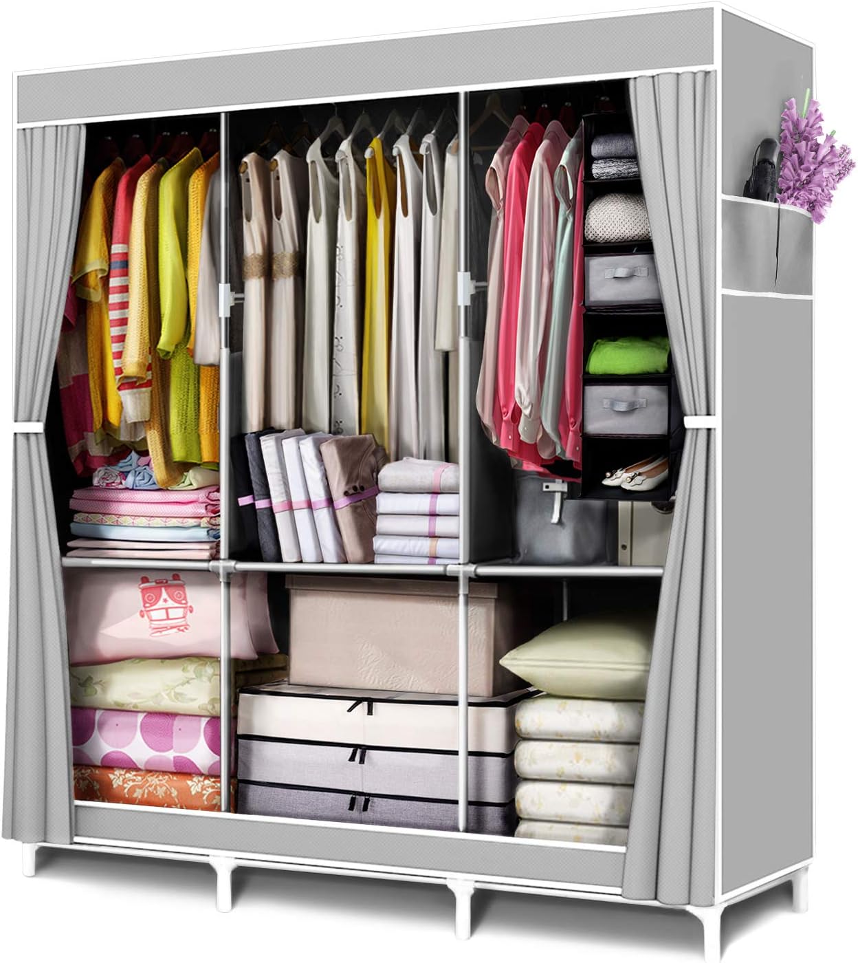 Portable Closet Organizer and Storage with 3 Hanging Rods for Hanging Clothes, 6 Wardrobe Closet Storage Shelves for Bedroom, Easy to Assemble, Grey