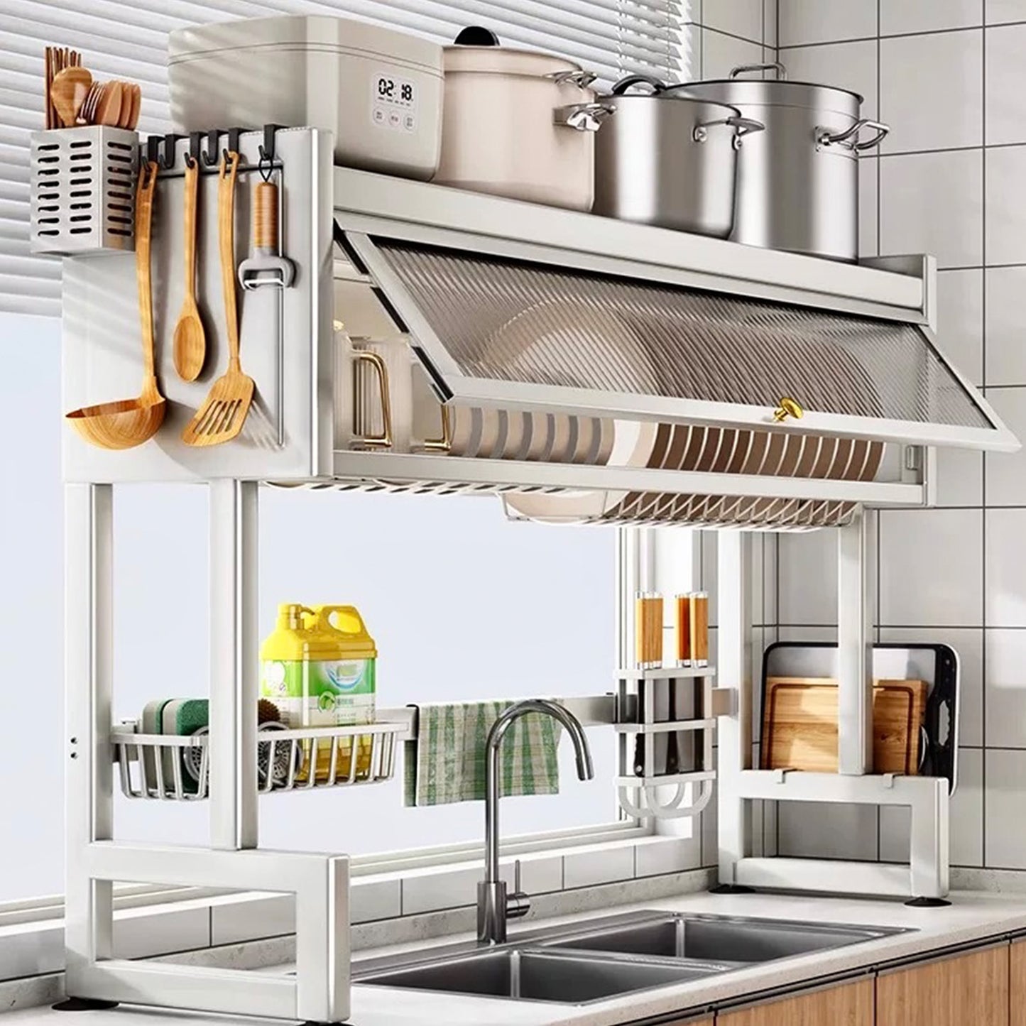 Dish Rack Over Sink for Kitchen, 165LBS Load Drying Rack Above Sink with Visible Cabinet Door, Large Carbon Steel Dish Drainer for Dishes, Bowls and Utensils, White
