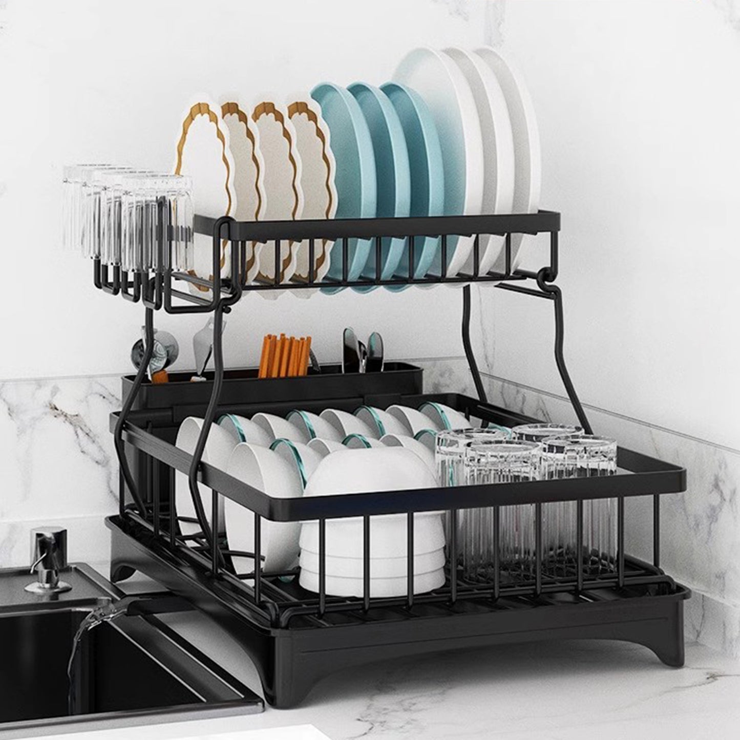 Dish Drying Rack for Kitchen Counter, Detachable Large Capacity Dish Drainer Organizer with Utensil Holder, 2-Tier Dish Drying Rack with Drain Board, Black