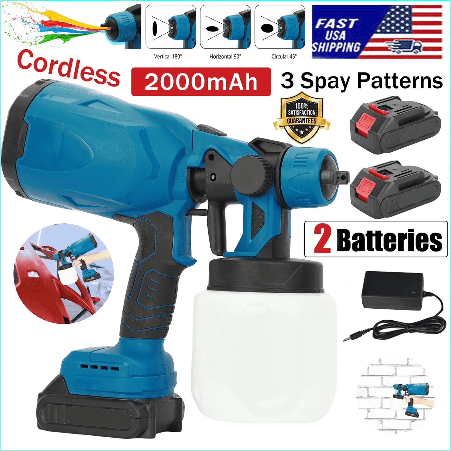 High-Pressure HVLP Electric Cordless Paint Sprayer Paint Gun 3 Spray Patterns & 2 Batteries