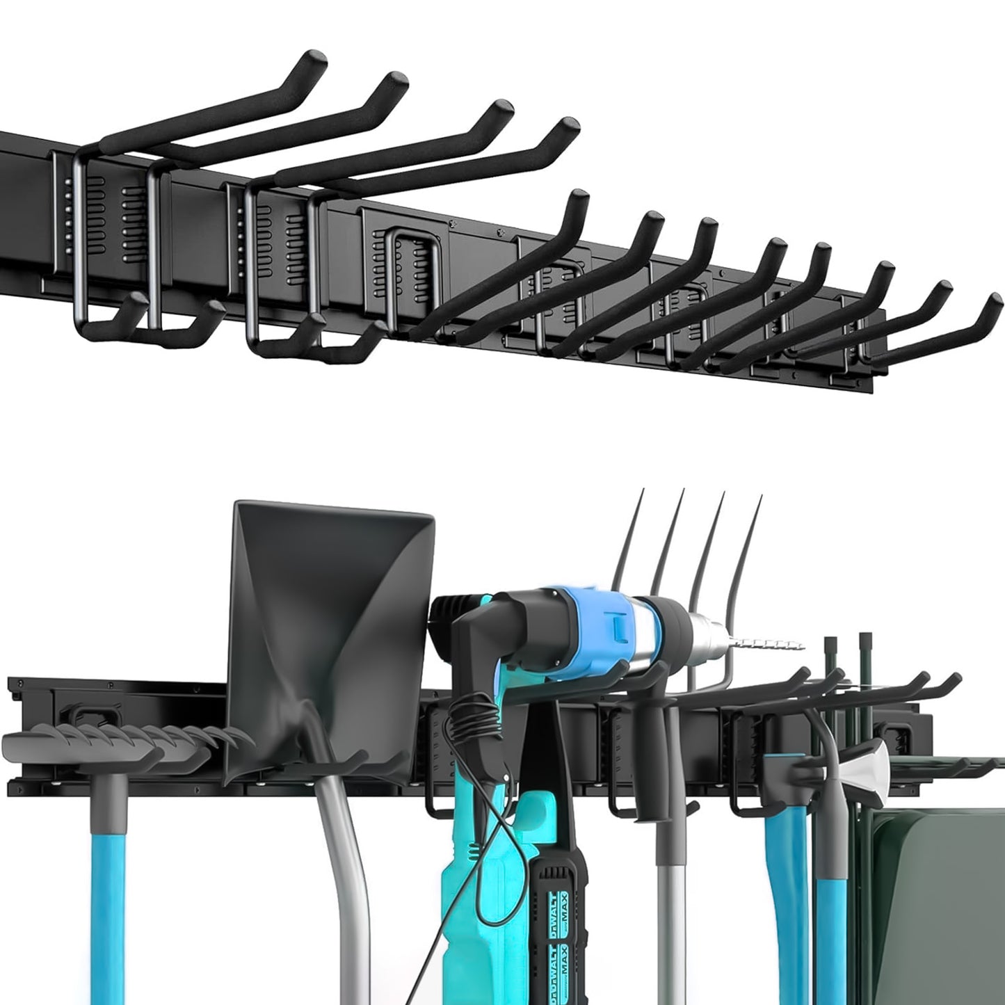 ALSO GO Wall Mount Tool Storage Rack with Hooks, Garage Tool Storage Rack, Heavy Duty Garage Storage Organizer, Hold up to 440LBS, Black