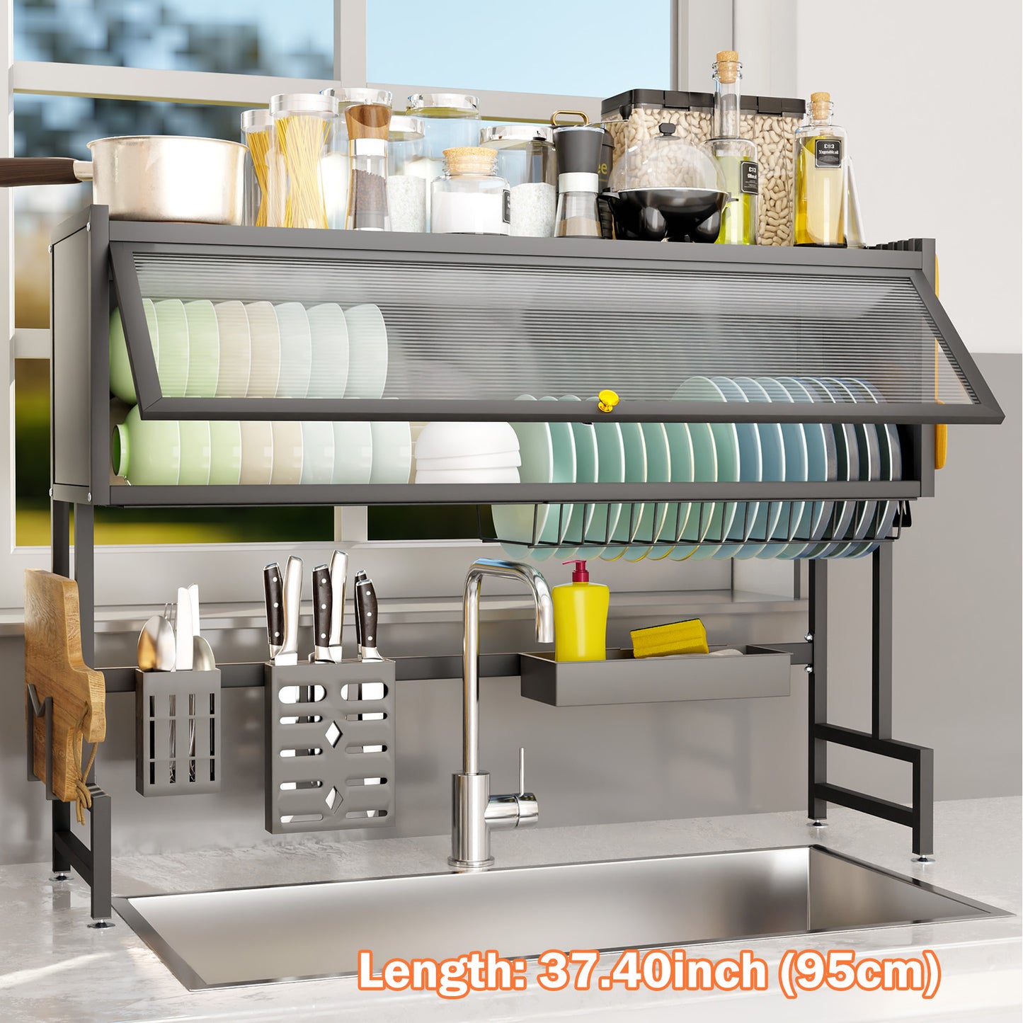 Dish Rack Over Sink with Cover, Stainless Steel Dish Racks for for Drying Dishes, Glasses, Bowls, and Utensils, Black, Length-37.4"