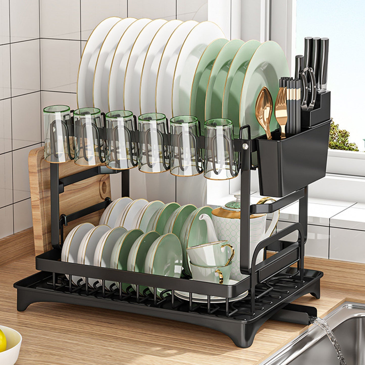 Over The Sink Dish Drying Rack with Drainage, Stainless Steel Large Multifunctional Dish Racks, Rustproof Dish Rack for Kitchen Counter Organization 2 Tier Black