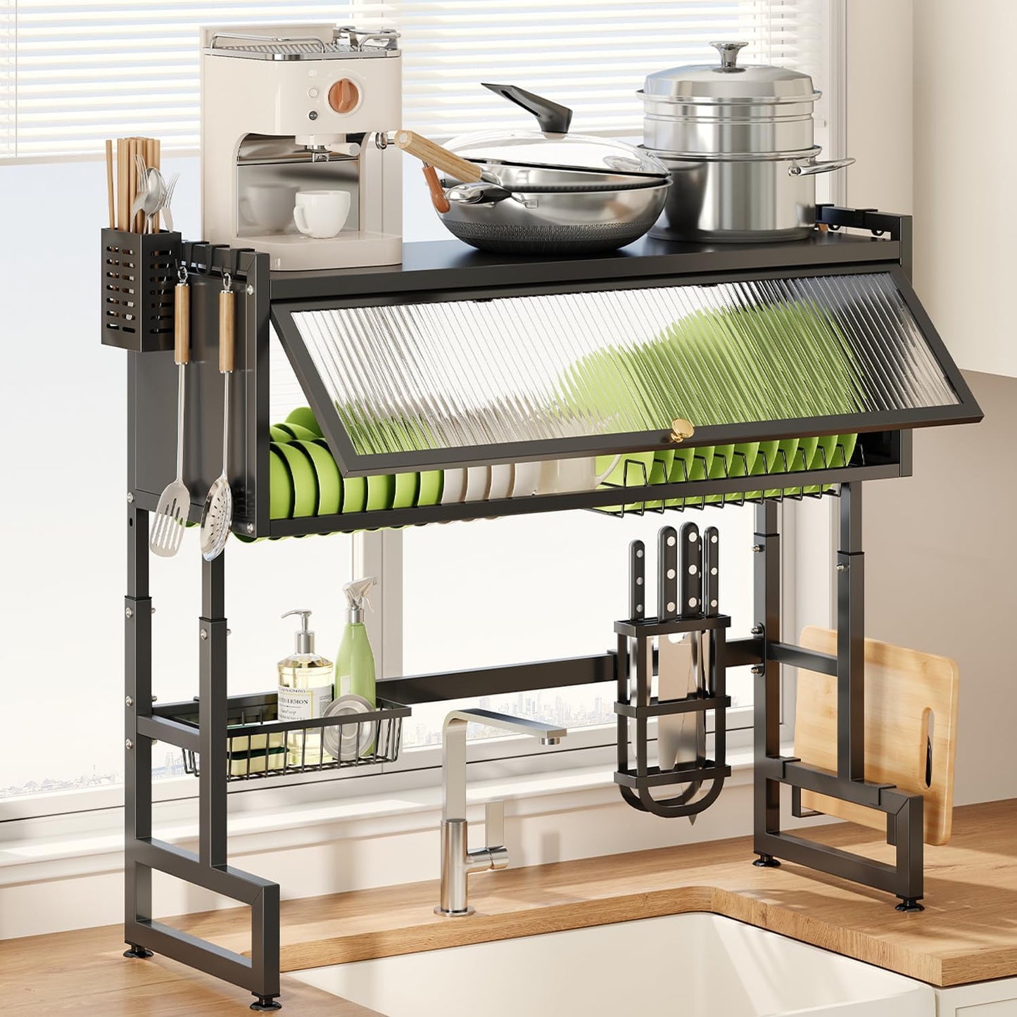 Overthe Sink Dish Rack, Over the Sink Drying Rack with Cover, Dish Drying Rack Over Sink for Bowls and Cutlery, Dish Holder Organizer for Kitchen Counter Storage, Black