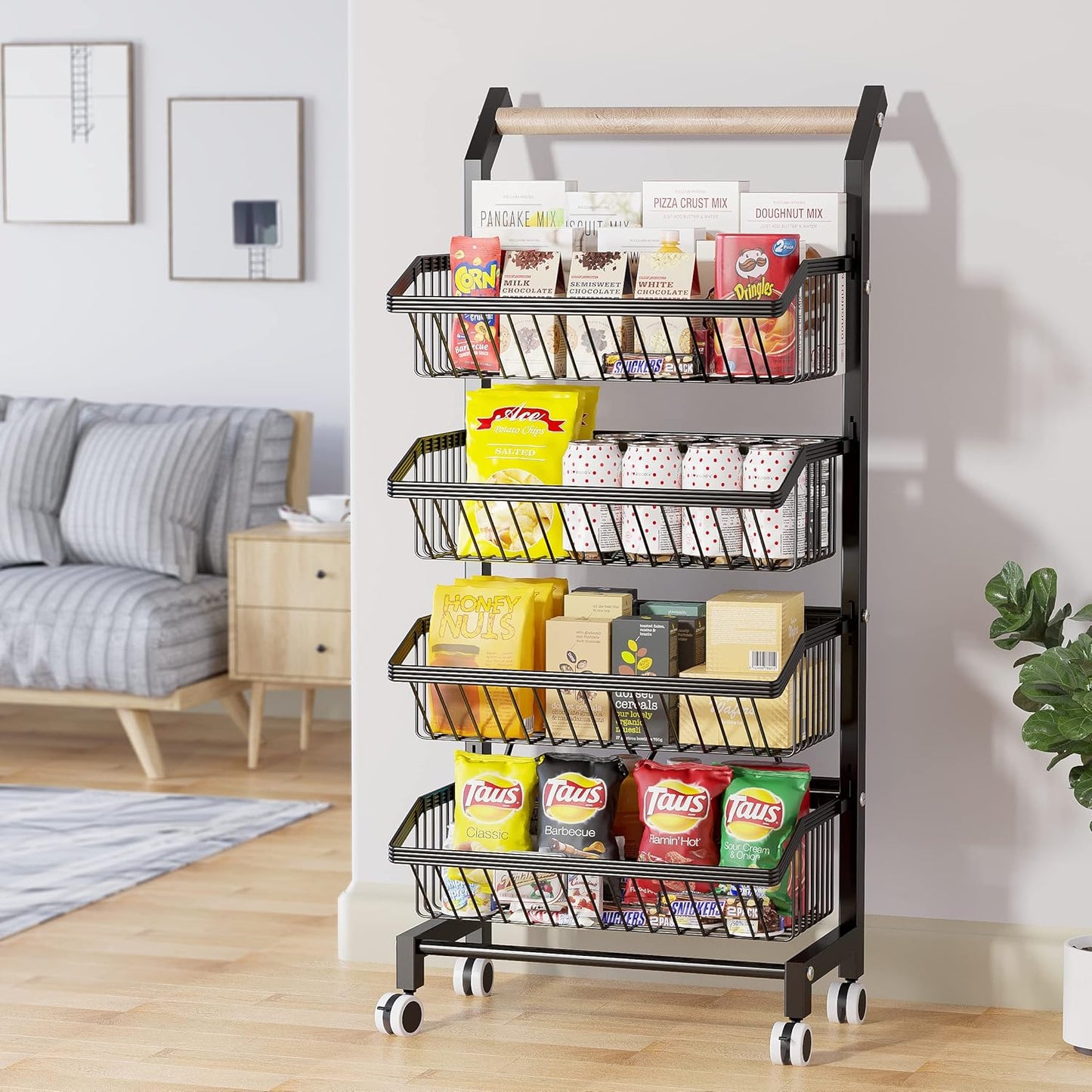 Kitchen Storage Cart with Wheels, 4-Tier Detachable Rolling Cart, Kitchen Vegetable and Fruits Utility Shelf Rack