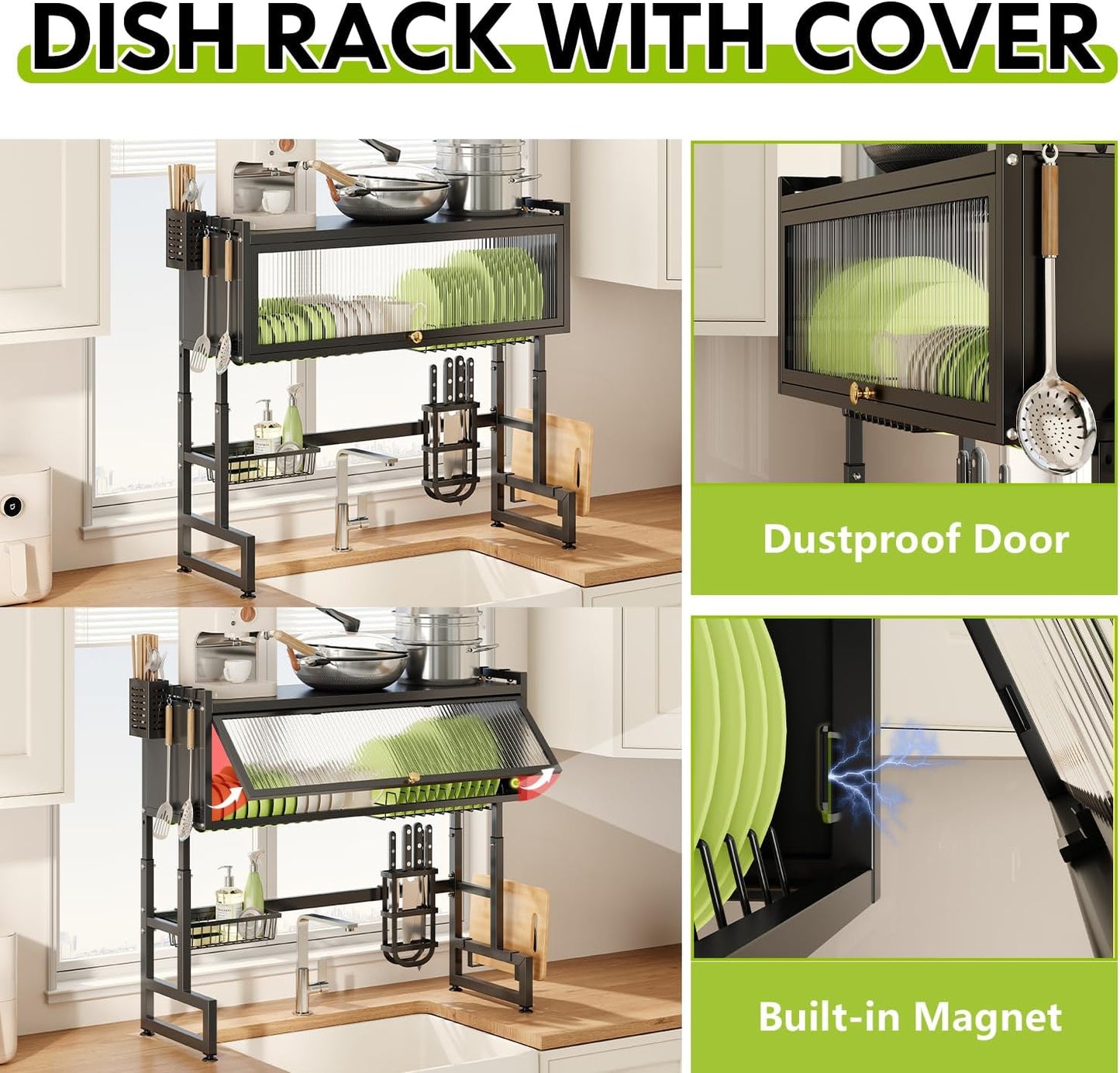 Over The Sink Dish Drying Rack - Adjustable Dish Rack for Kitchen Counter, Metal (Black-37.4Inches)
