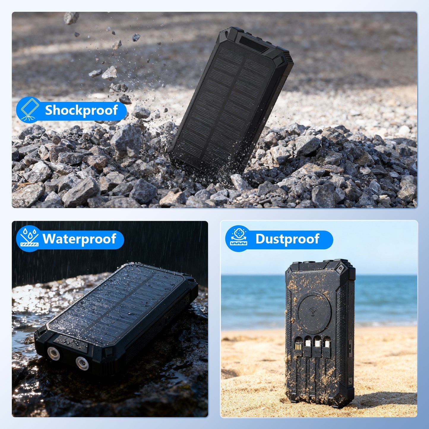 Power Bank Wireless Charger 46800mAh Built in 4 Cables Six Outputs 15W Fast Charging Power Bank for All Mobile Devices Three Inputs Solar Portable Charger with Dual Flashlights, Carabiner(Black)