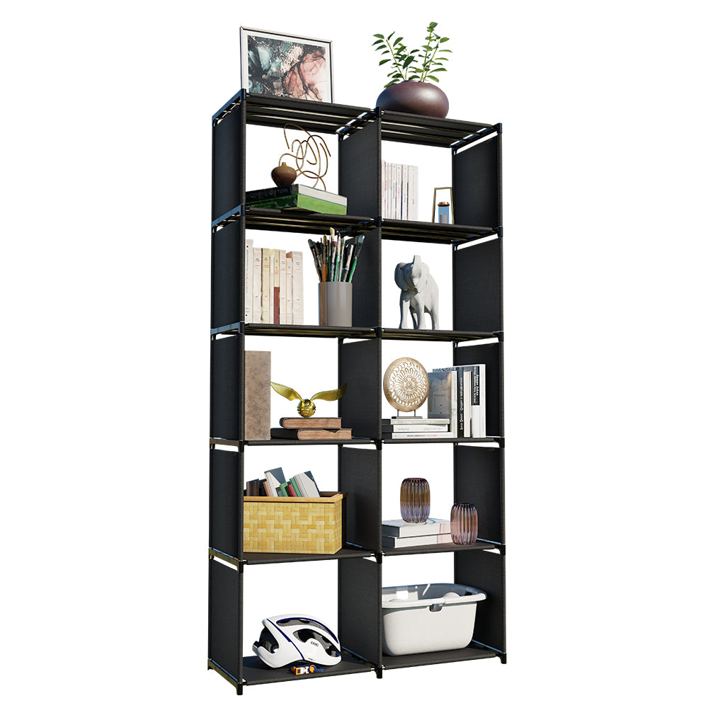 6-Tiers Portable Bookshelf with Fabric Cloth at Back, 10 Cube Closet Storage Organizer Bookcase, Living Room, Study Room, Bedroom, Black