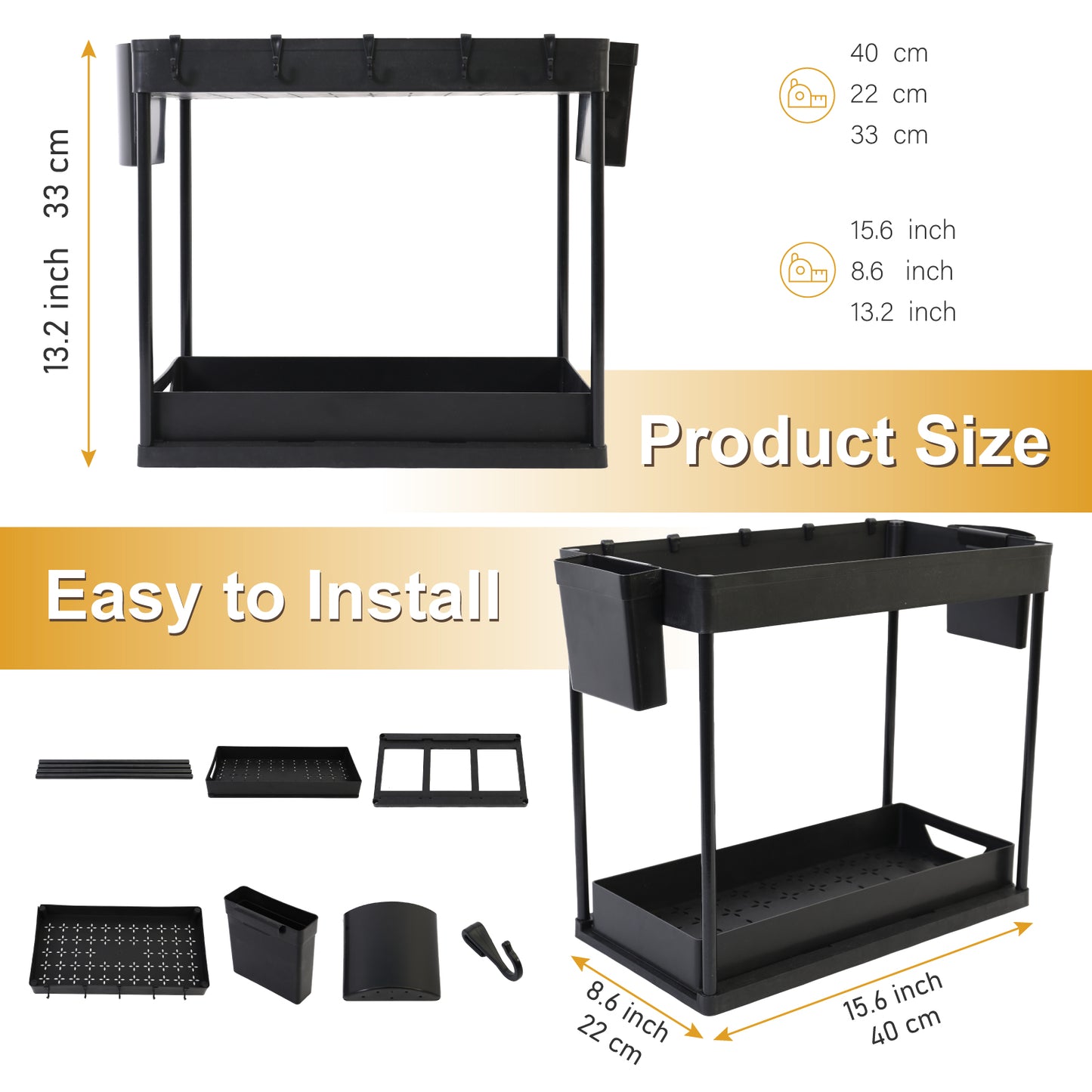 Under Sink Organizers and Storage, 2 Tier Bathroom Under Sink Organizer with Hooks, Hanging Cups, Multi-purpose Storage Drawers, Bathroom Organizers Under Kitchen Sink
