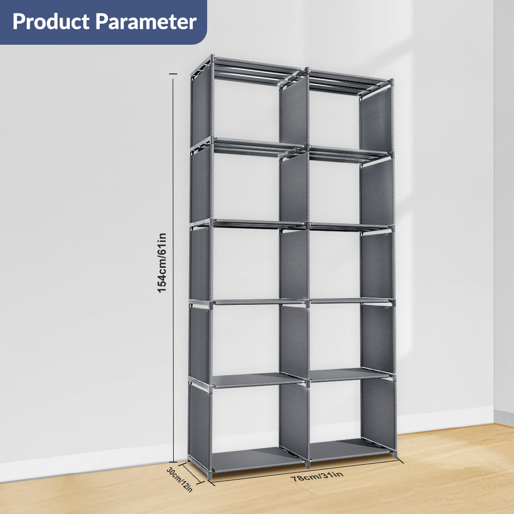 6-Tiers Portable Bookshelf with Fabric Cloth at Back, 10 Cube Closet Storage Organizer Bookcase, Living Room,Study Room,Bedroom, Grey