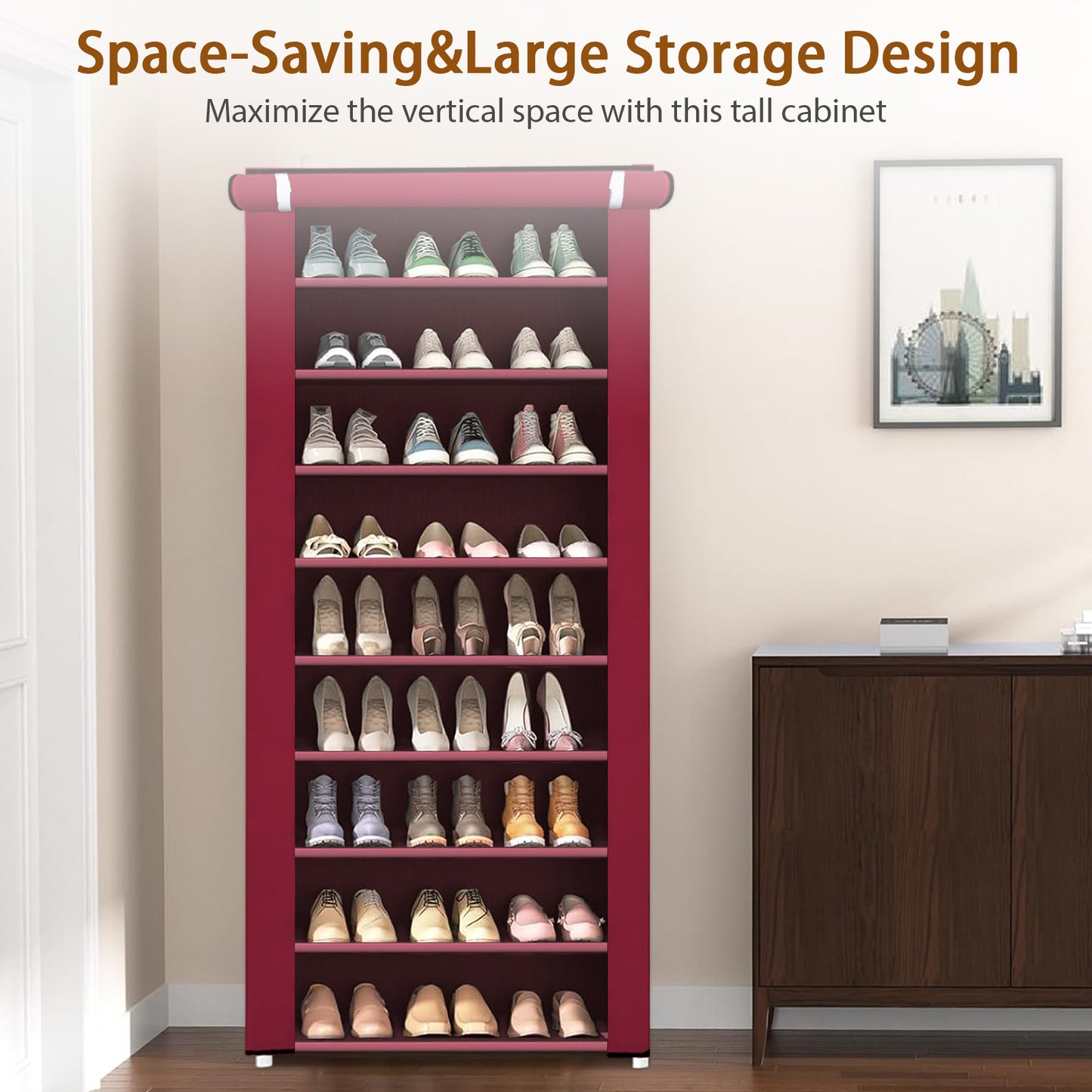 Portable Shoe Rack, 10-Tier 27 Paris Shoe Storage Cabinet with Cover, Non-Woven Fabric Shoe Storage Organizer, 9 Lattices Shoe Cabinet Tower Shelf Closet Wine Red